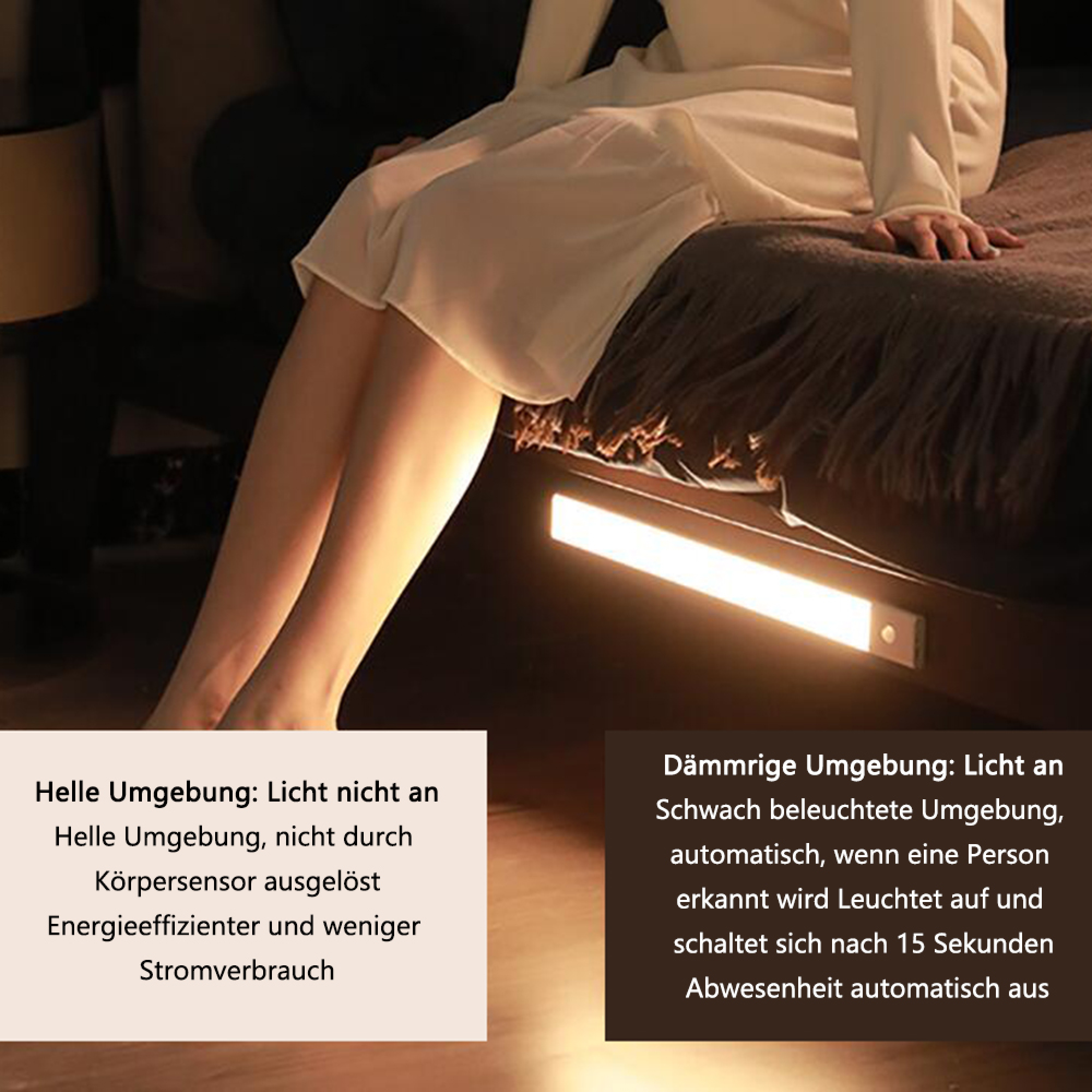 Eine Person sitzt auf einem Bett, mit einem Lichtstreifen darunter.