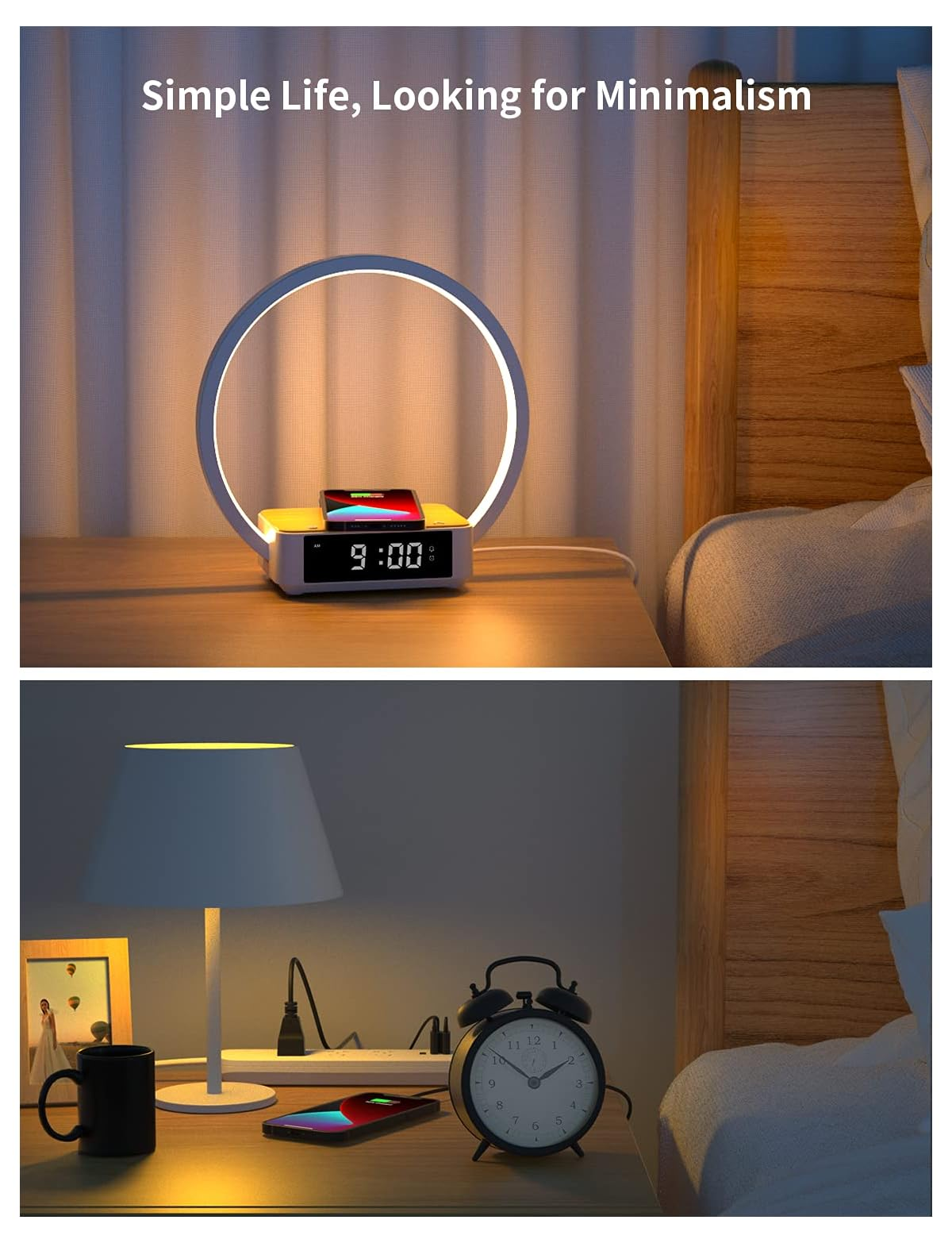 Ein Nachttisch mit einem modernen Licht, Uhr und Telefon. Unten ein klassischer Wecker.