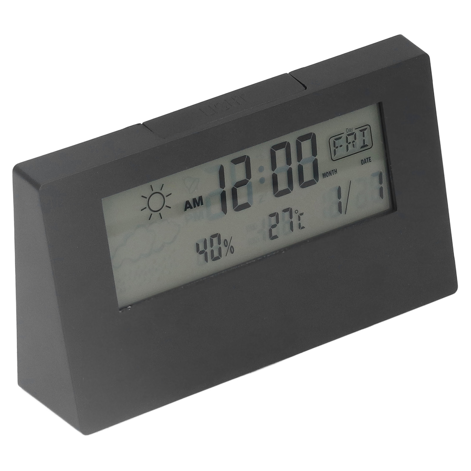Ein schwarzer Digitalwecker zeigt 12:00 Uhr, 40 % Luftfeuchtigkeit und 27°C an.