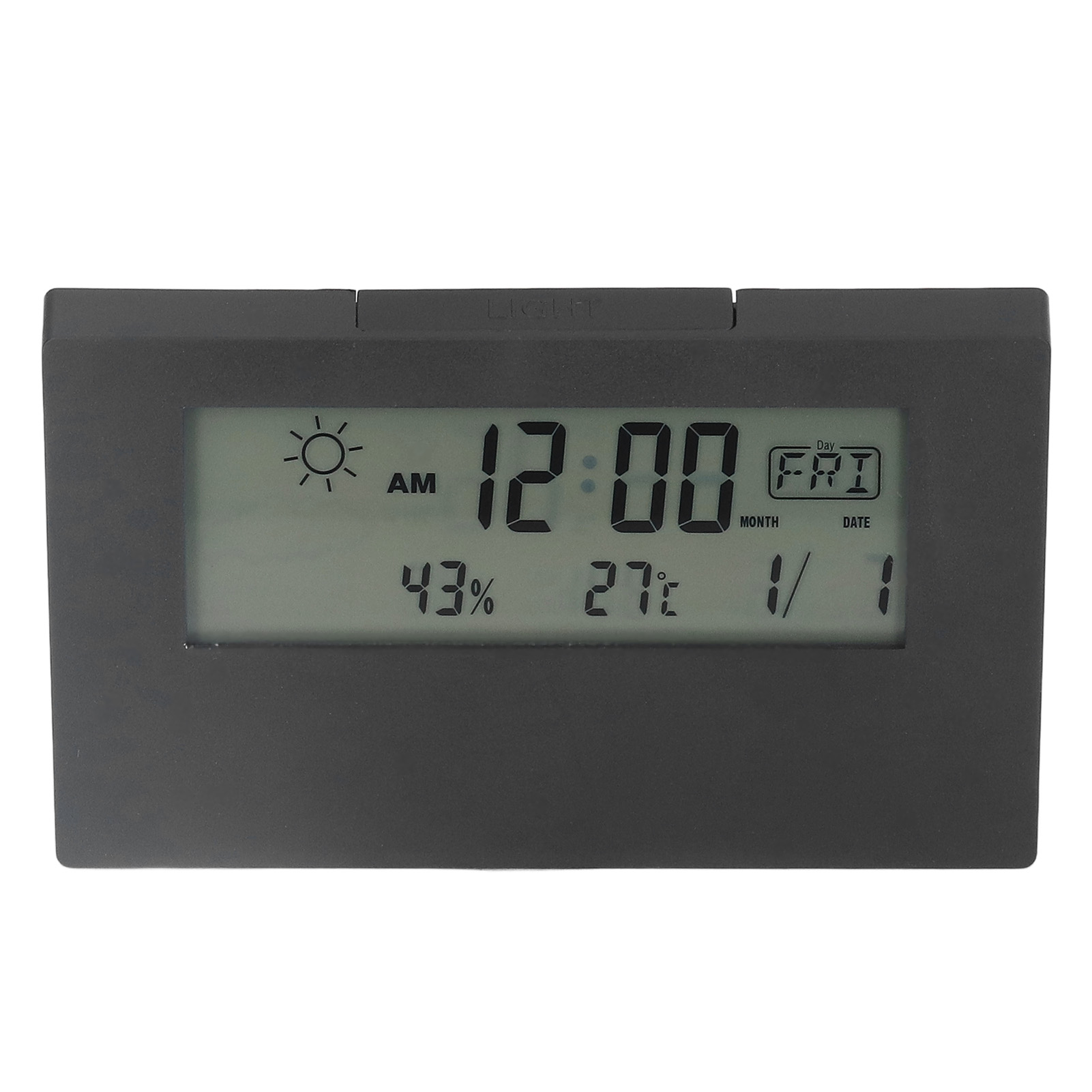 Digitaluhr zeigt 12:00 AM, 43% Luftfeuchtigkeit, 27°C und Freitag, 1. Januar.