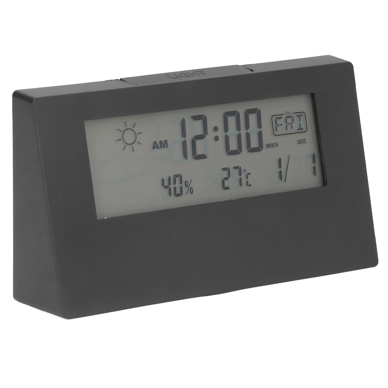 Digitaluhr zeigt 12:00 Uhr, 40% Luftfeuchtigkeit und 27°C an.