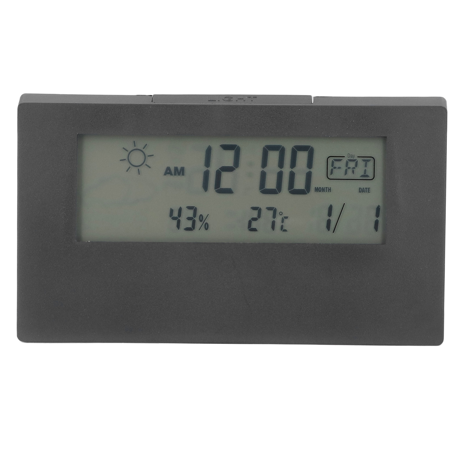 Ein schwarzer Digitalwecker zeigt 12:00 AM, 43% Feuchtigkeit, 27°C und Freitag, 1/1 an.