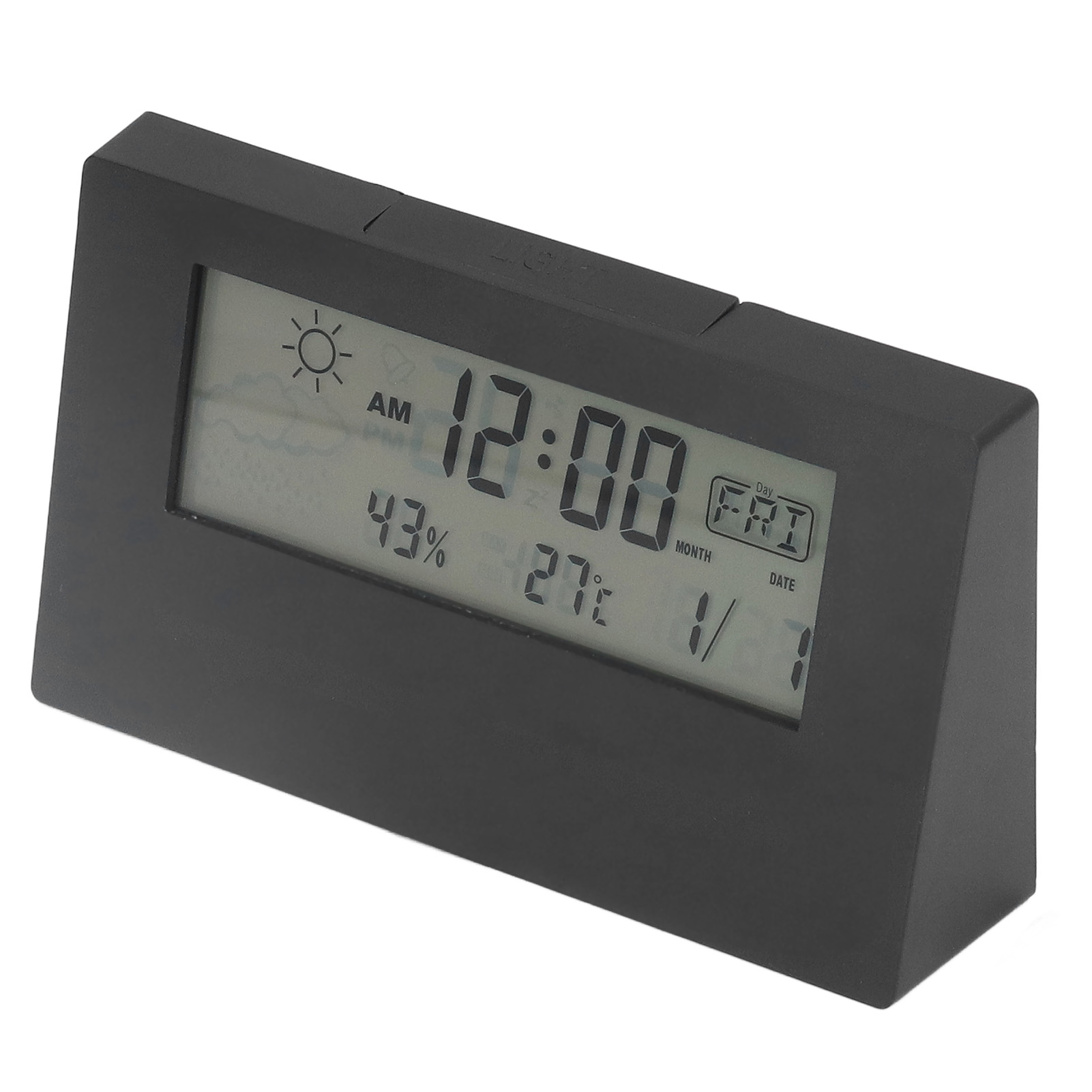 Digitaluhr zeigt 12:00 Uhr, 43% Luftfeuchtigkeit, 27°C, Freitag, 1. Jan.