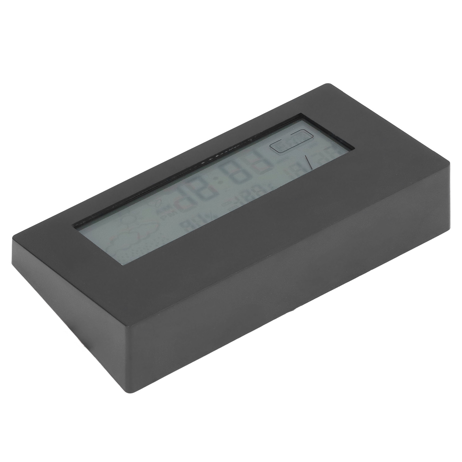 Ein schwarzes digitales Thermometer mit klarem Display, das die Uhrzeit und Temperatur anzeigt.