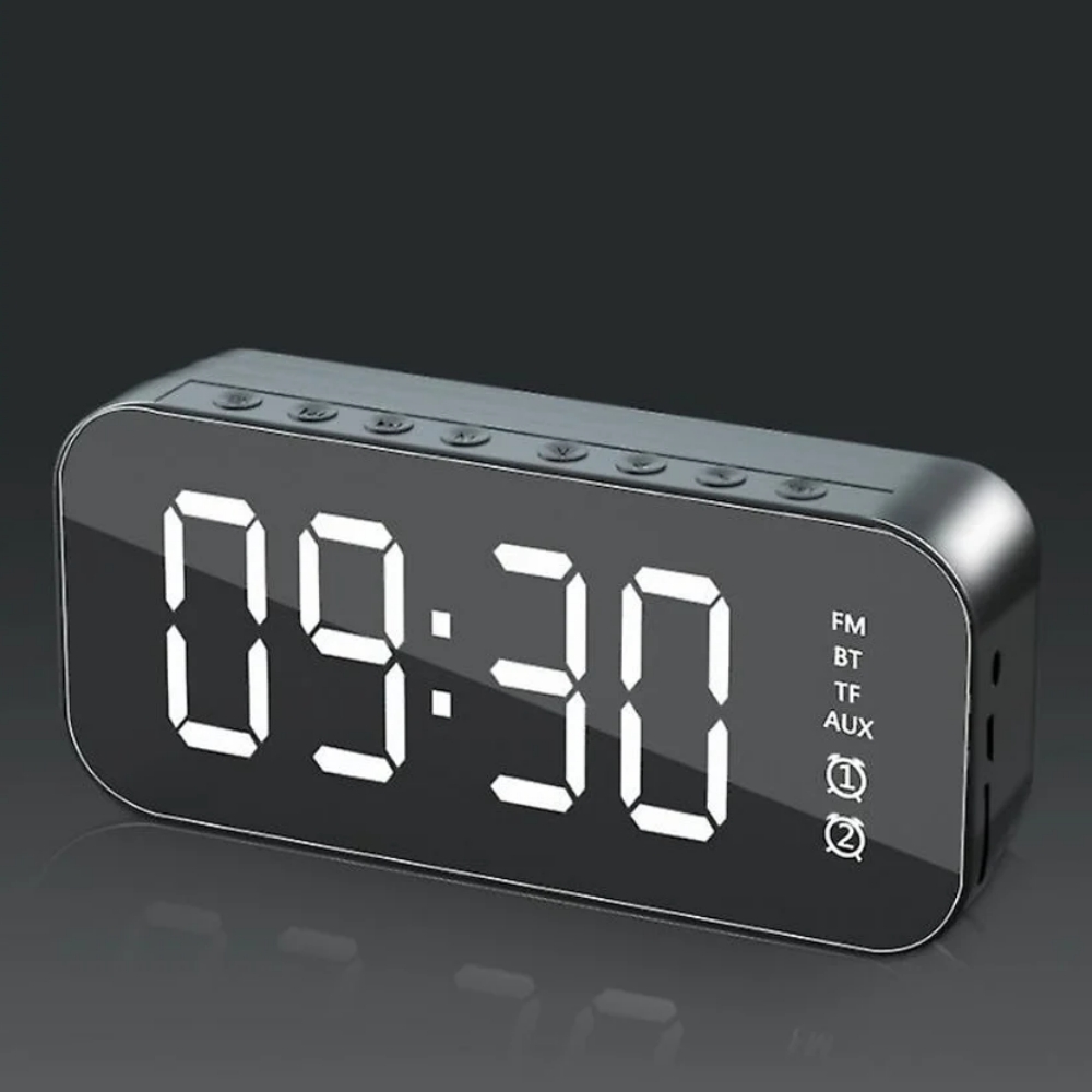 Digitaler Wecker mit weißer Schrift auf schwarzem Display, zeigt 09:30 an.