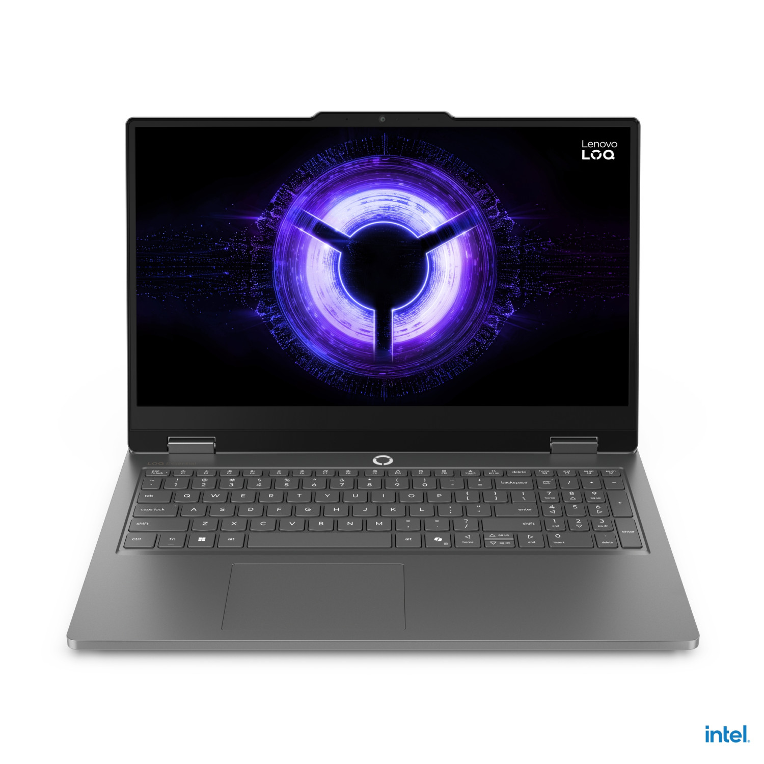 Un laptop grigio Lenovo LOQ con uno schema viola futuristico sullo schermo.