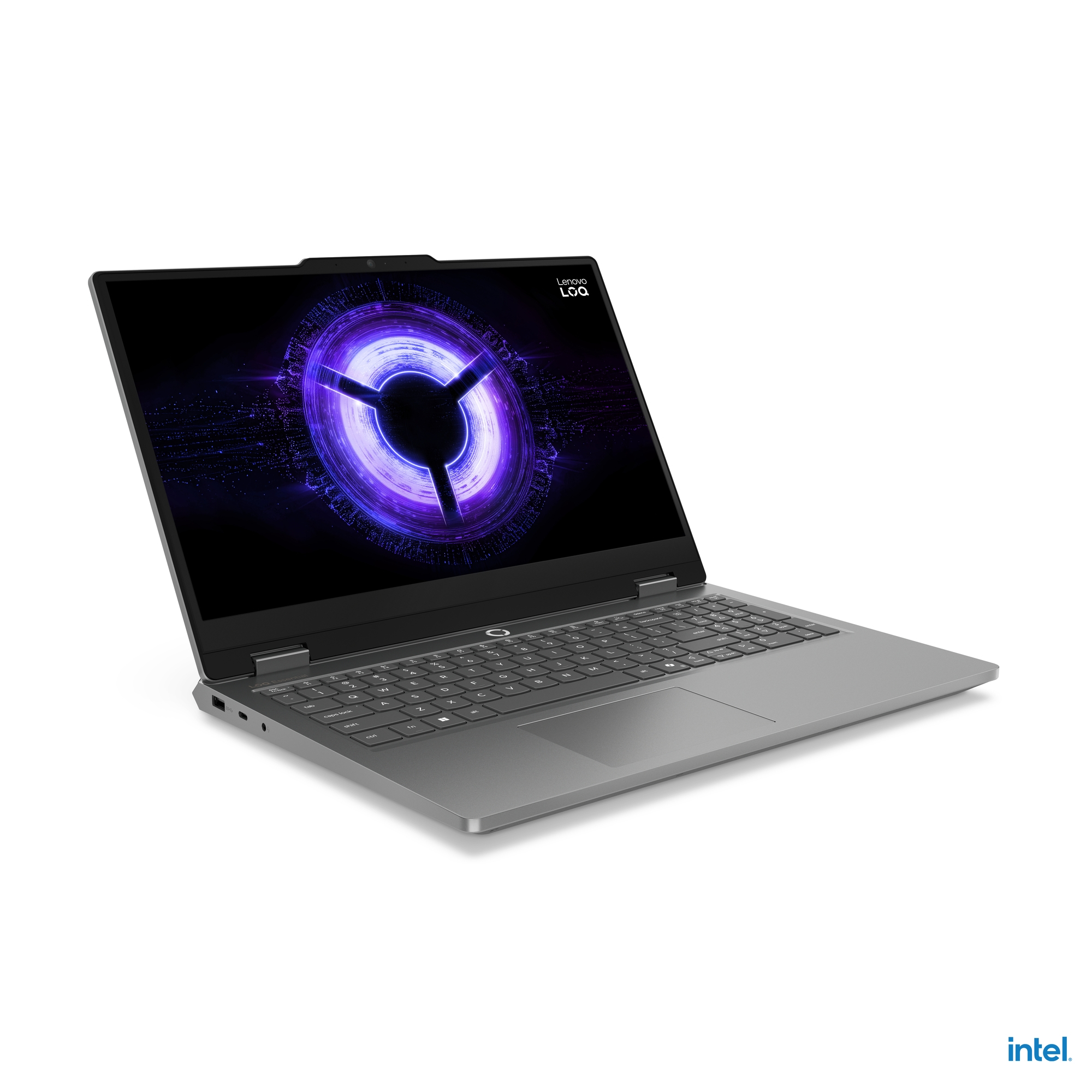 Laptop grigio con schermo aperto che mostra un motivo grafico viola.