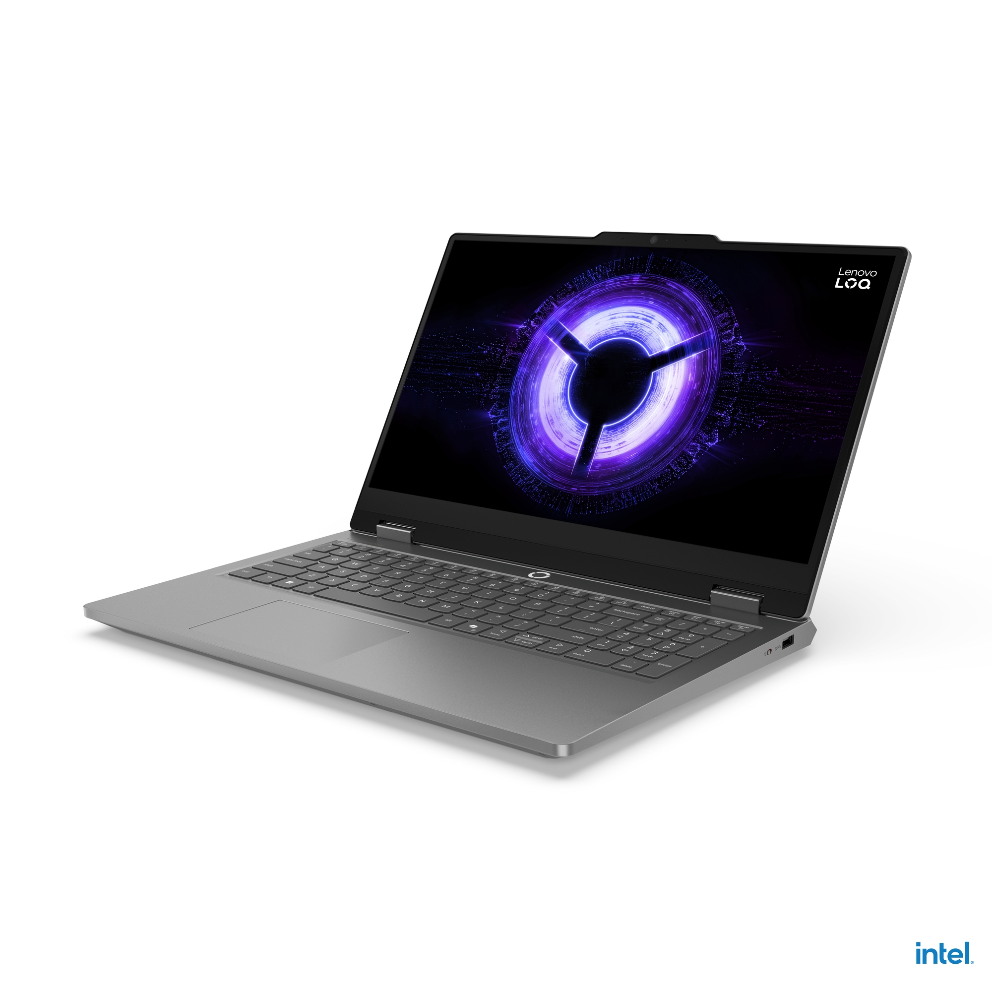 Laptop grigio con motivo viola luminoso sullo schermo e logo Intel.