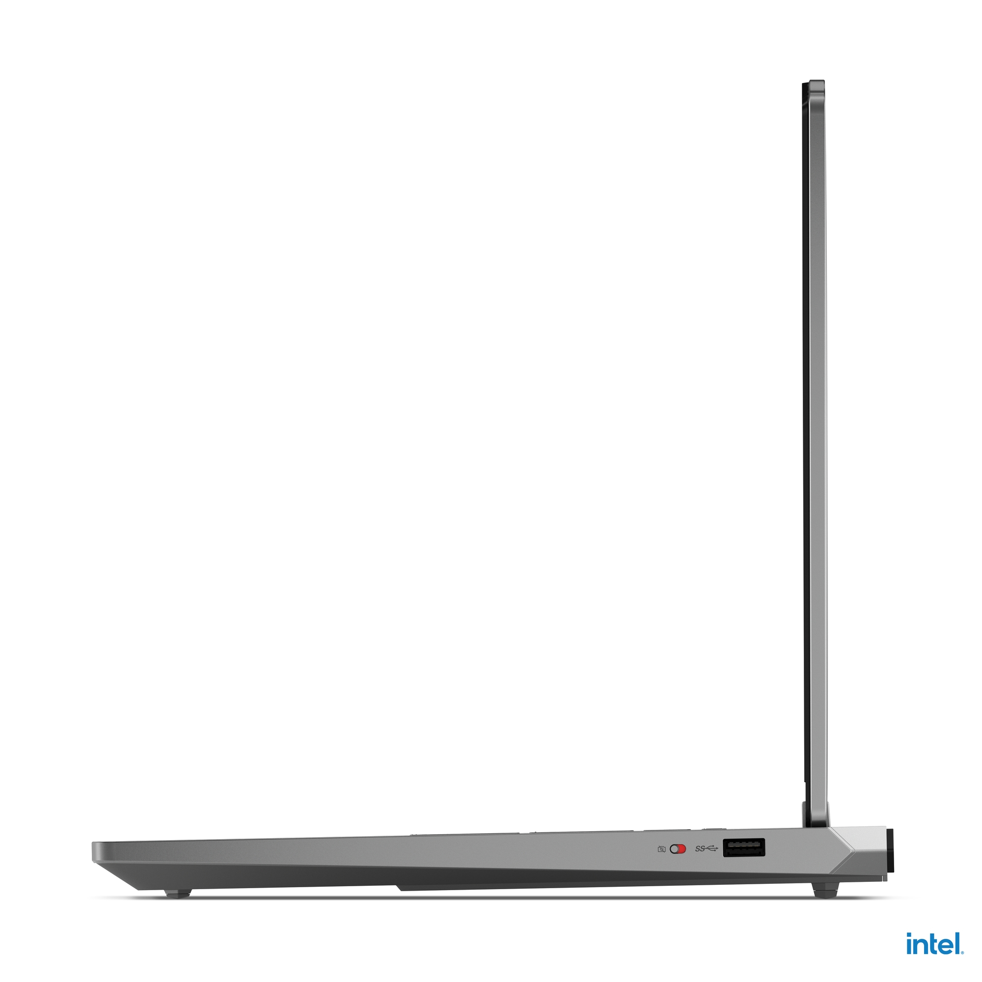 Vista laterale di un laptop argento con porta USB e logo Intel.
