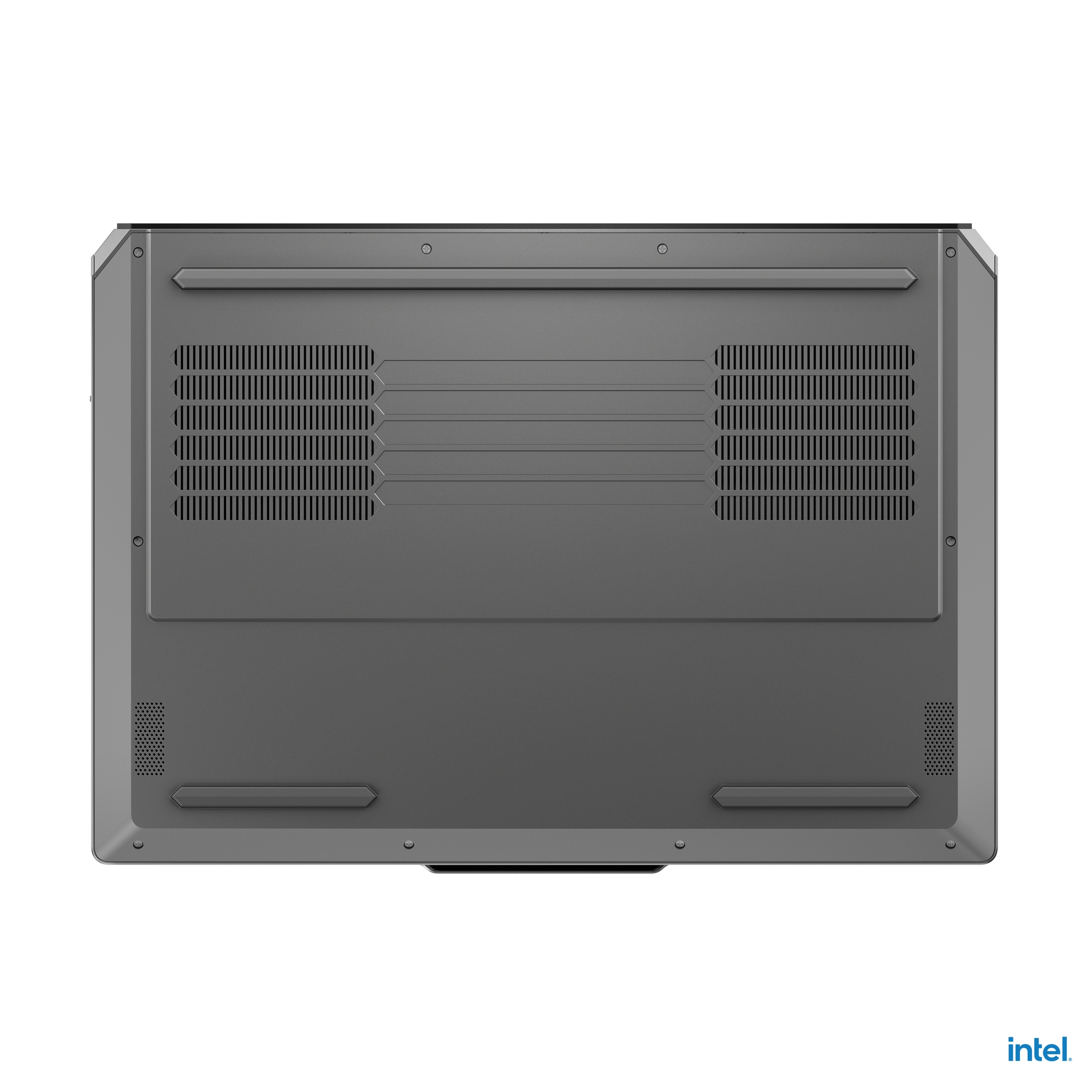 Lato inferiore di un laptop grigio con fessure di ventilazione e logo Intel.
