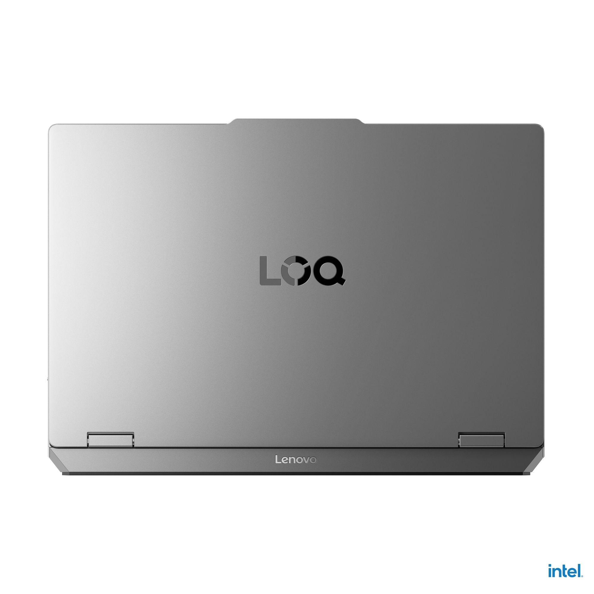 Laptop argentato chiuso con logo LOQ e impressa Intel.