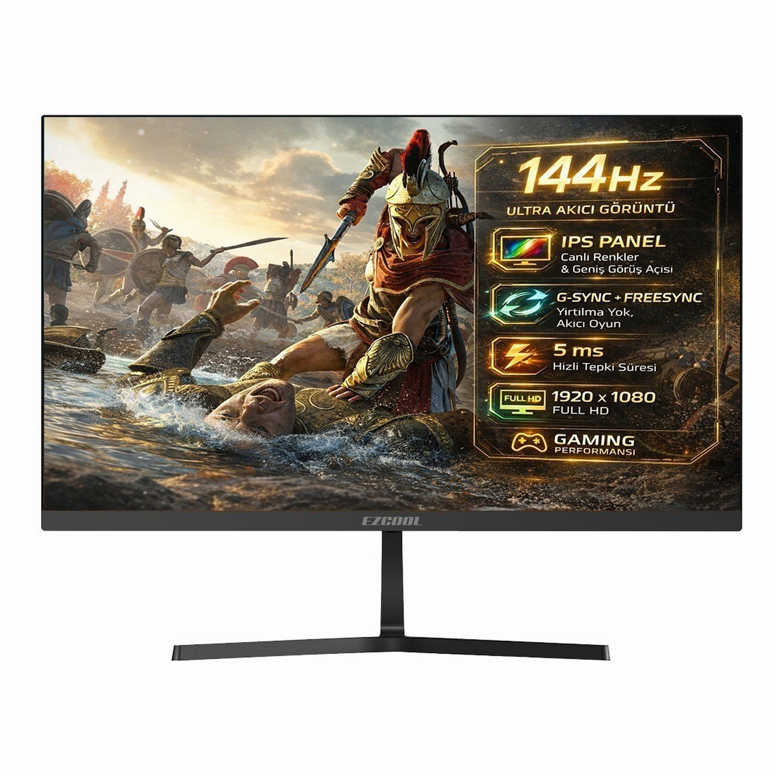 144Hz, IPS panel, G-SYNC/FreeSync ve 5ms tepki süresine sahip bir oyuncu monitörü.