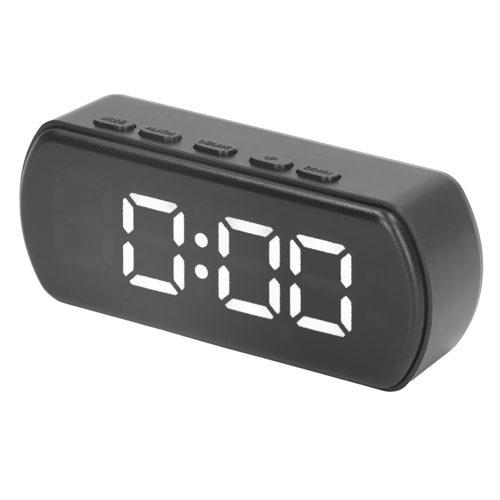 Schwarzer digitaler Wecker mit leuchtend weißen Ziffern, die 0:00 anzeigen.