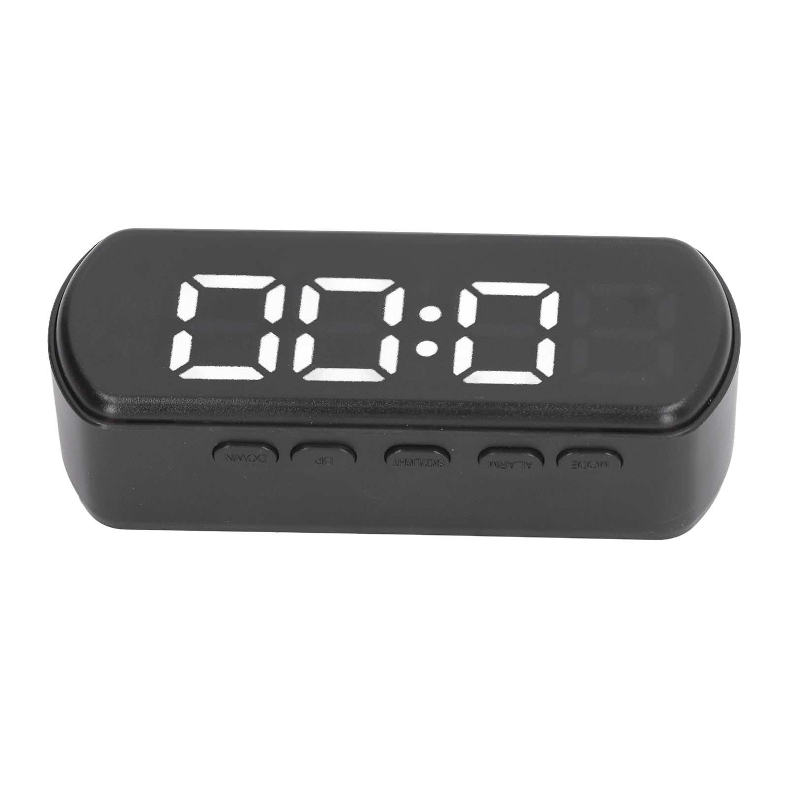 Ein schwarzer digitaler Wecker mit weißer Anzeige zeigt 00:00 an.