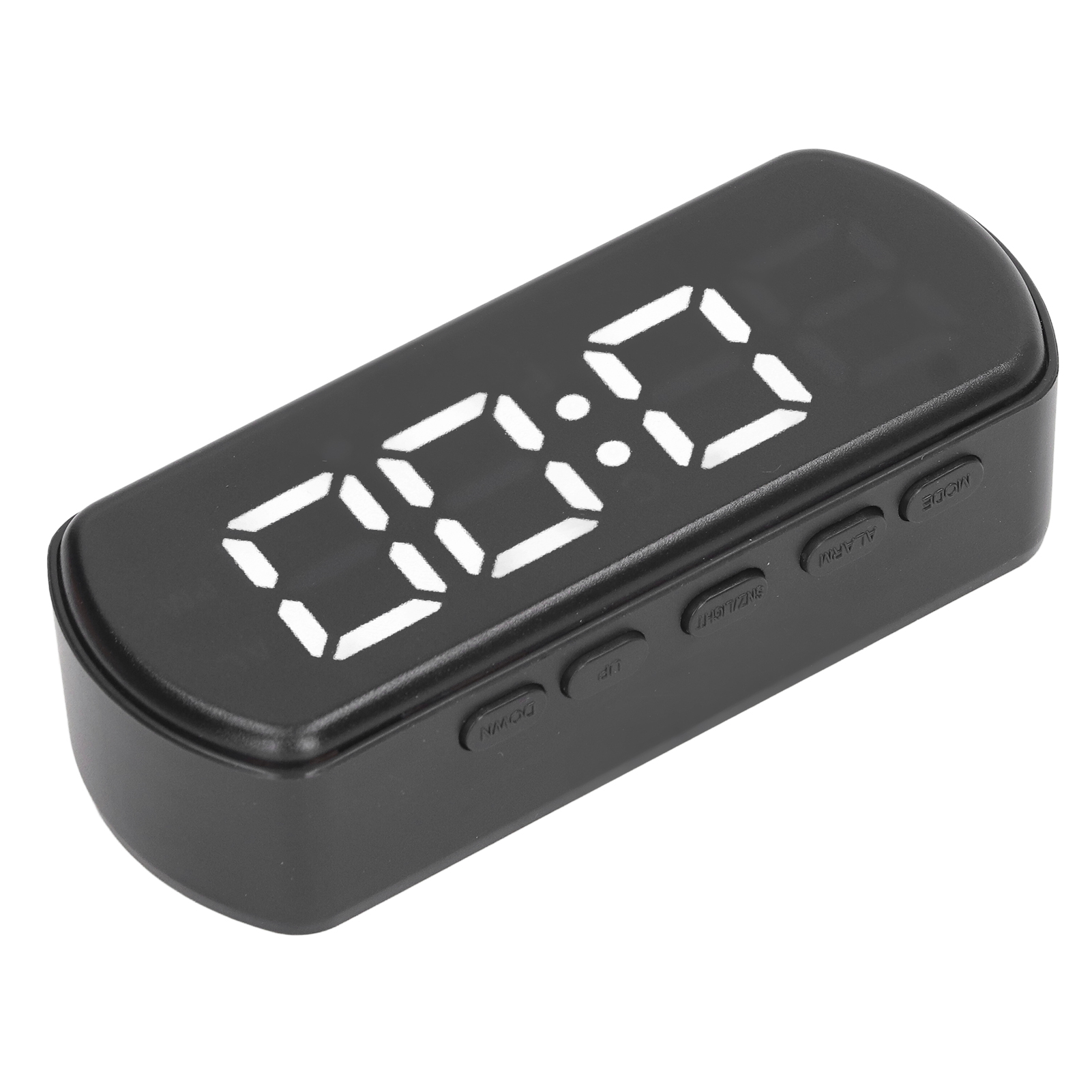 Schwarzer Digitalwecker mit leuchtend weißen Ziffern 00:00.