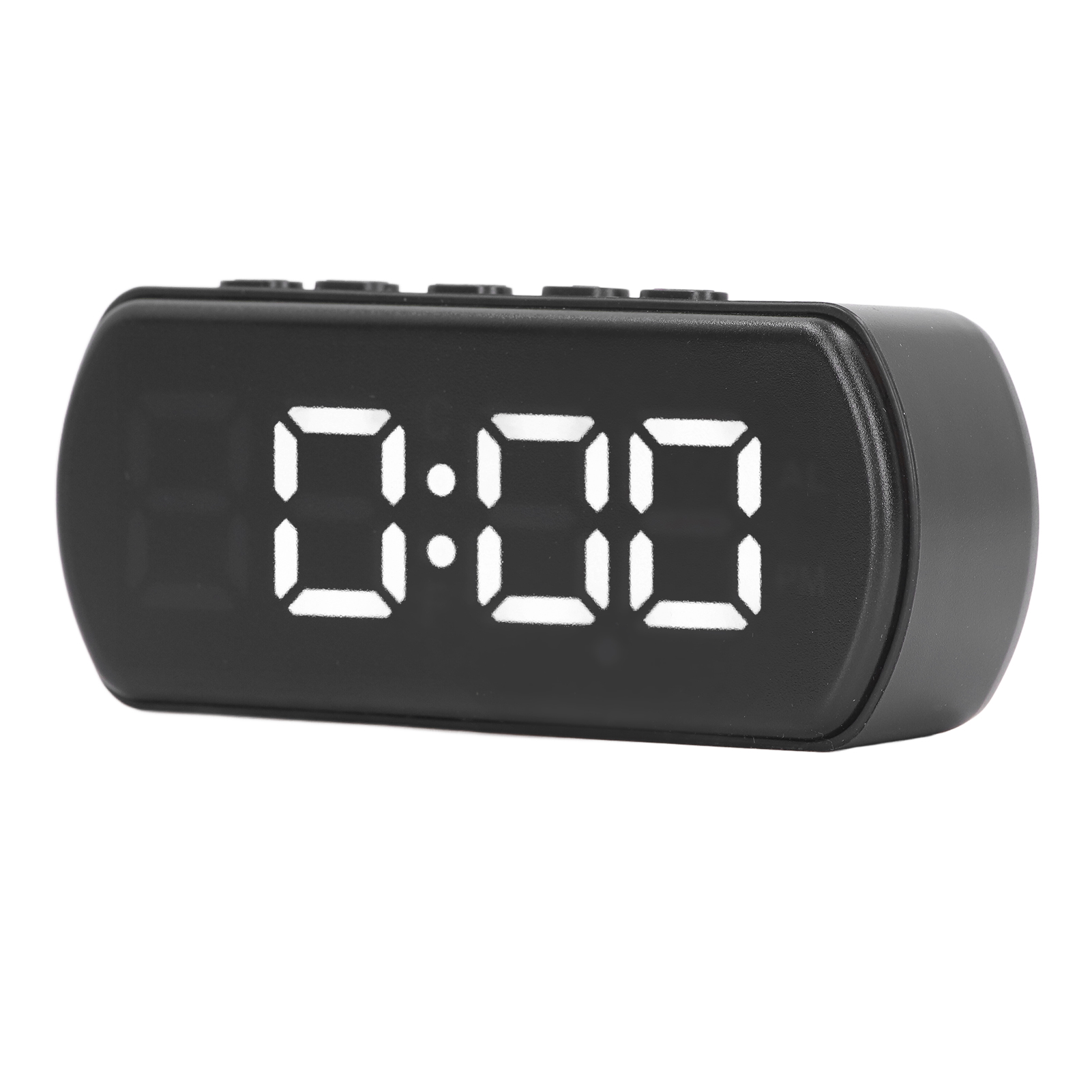 Ein schwarzer Digitalwecker zeigt 0:00 an, mit weißen Ziffern auf weißem Hintergrund.