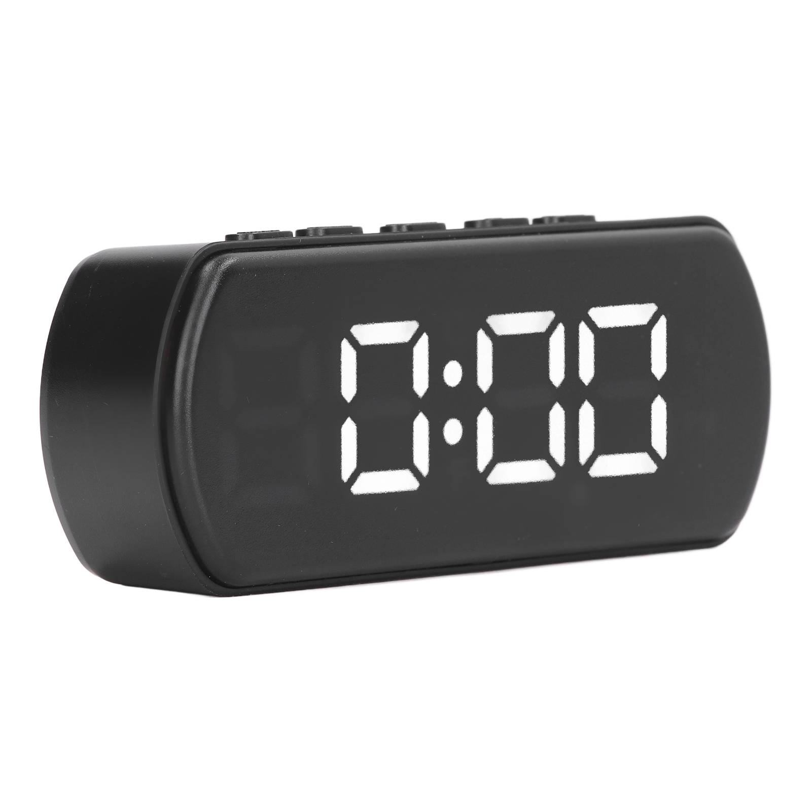 Ein schwarzer Digitalwecker mit weißen Ziffern zeigt 0:00 an.