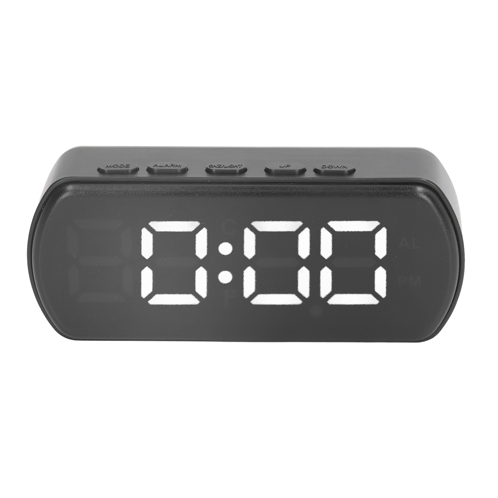 Ein schwarzer Digitalwecker zeigt 00:00 mit Modus-, Alarm-, Snooze/Licht-, Auf- und Ab-Tasten an.