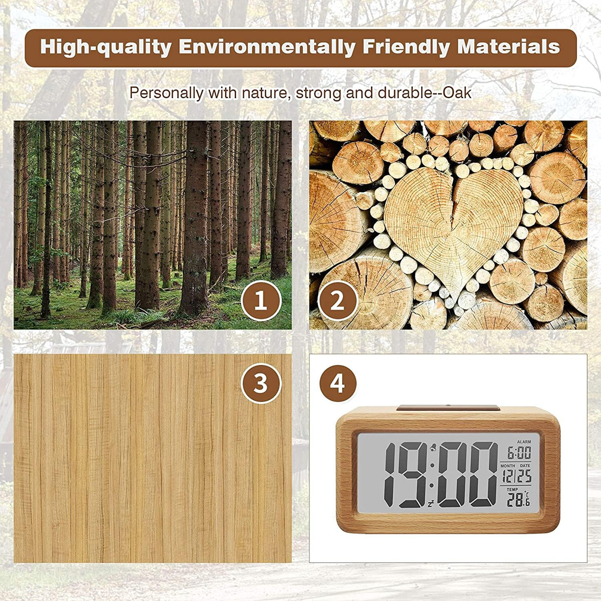 Ein Wald, Holzherz aus Baumstämmen, Holzmaserung und ein Holz-Digitalwecker.