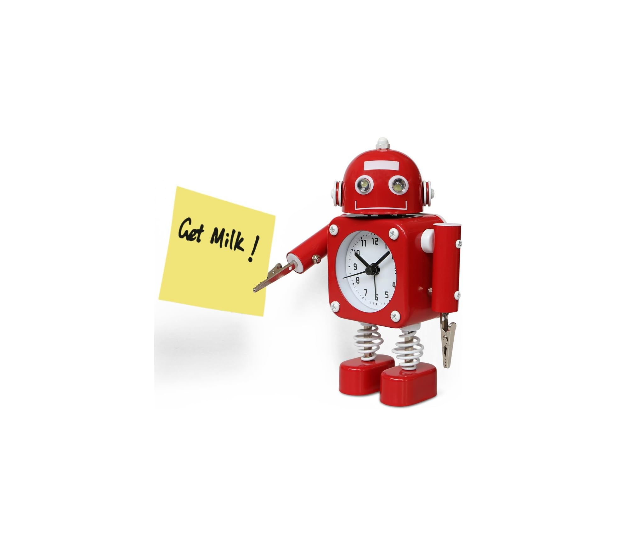 Ein roter Roboter-Wecker hält eine gelbe Notiz mit der Aufschrift "Get Milk!".