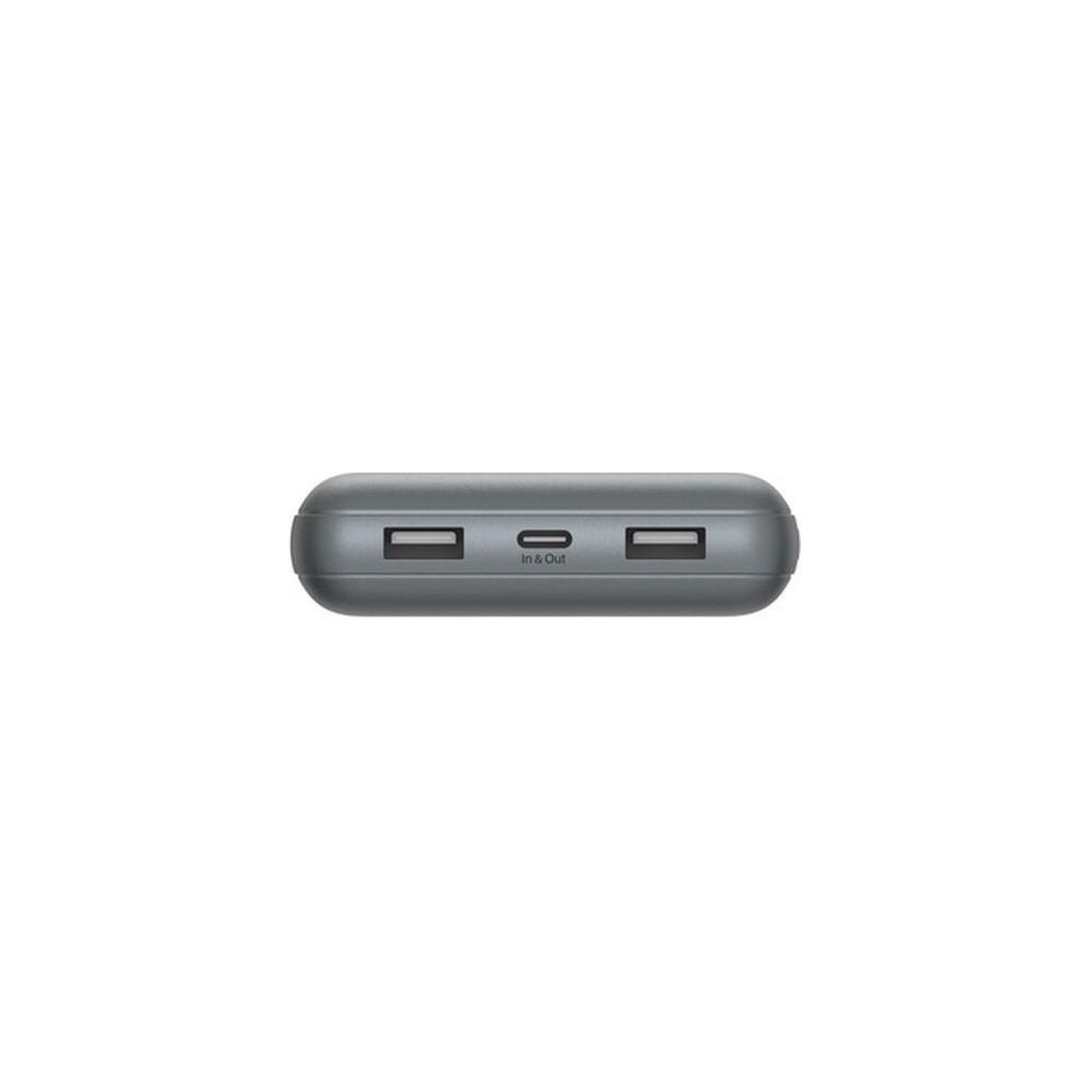 İki USB bağlantı noktası ve bir Giriş & Çıkış bağlantı noktasına sahip gri güç bankası.