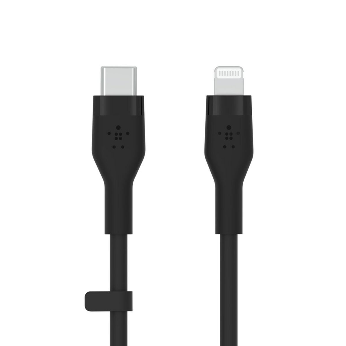 Beyaz arka plan üzerinde logolu siyah USB-C ve Lightning kablosu.