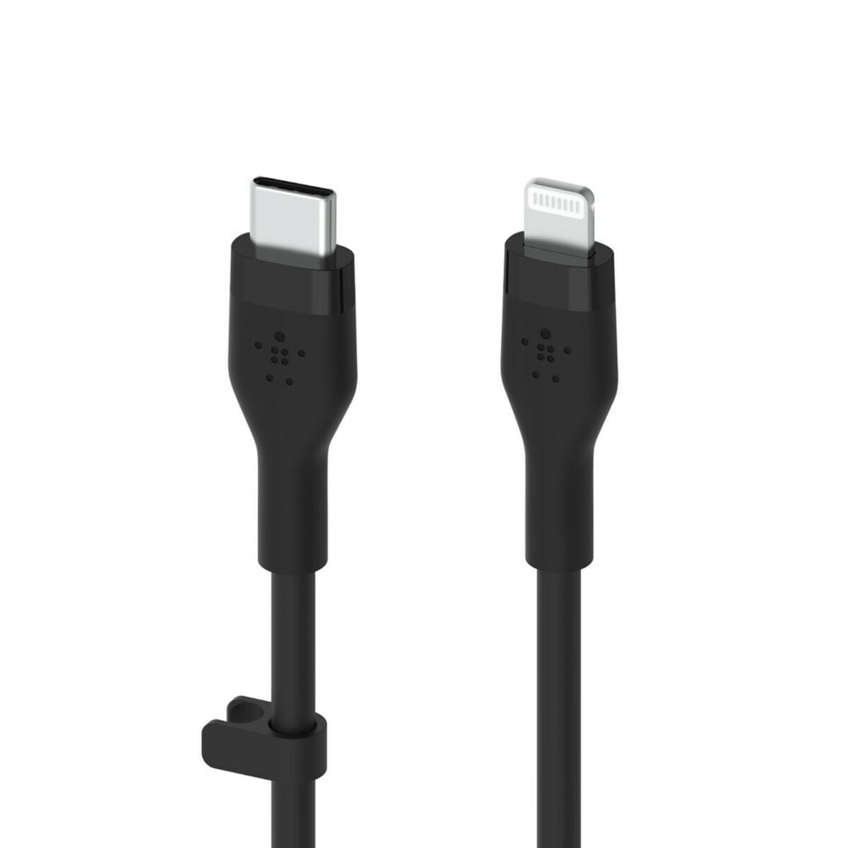 Beyaz arka plan üzerinde USB-C ve Lightning konektörlü iki siyah kablo.