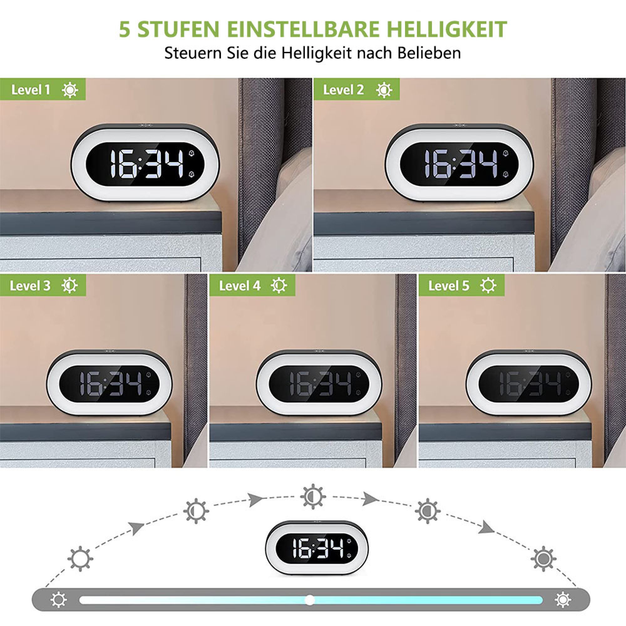 Digitaluhr mit einstellbarer Helligkeit in 5 Stufen, zeigt 16:34.