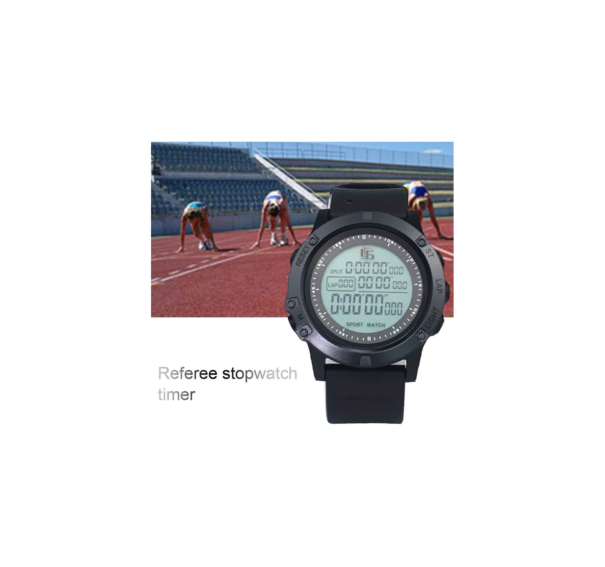Sportuhr mit digitaler Anzeige, Läufer am Start, Tribüne im Hintergrund.