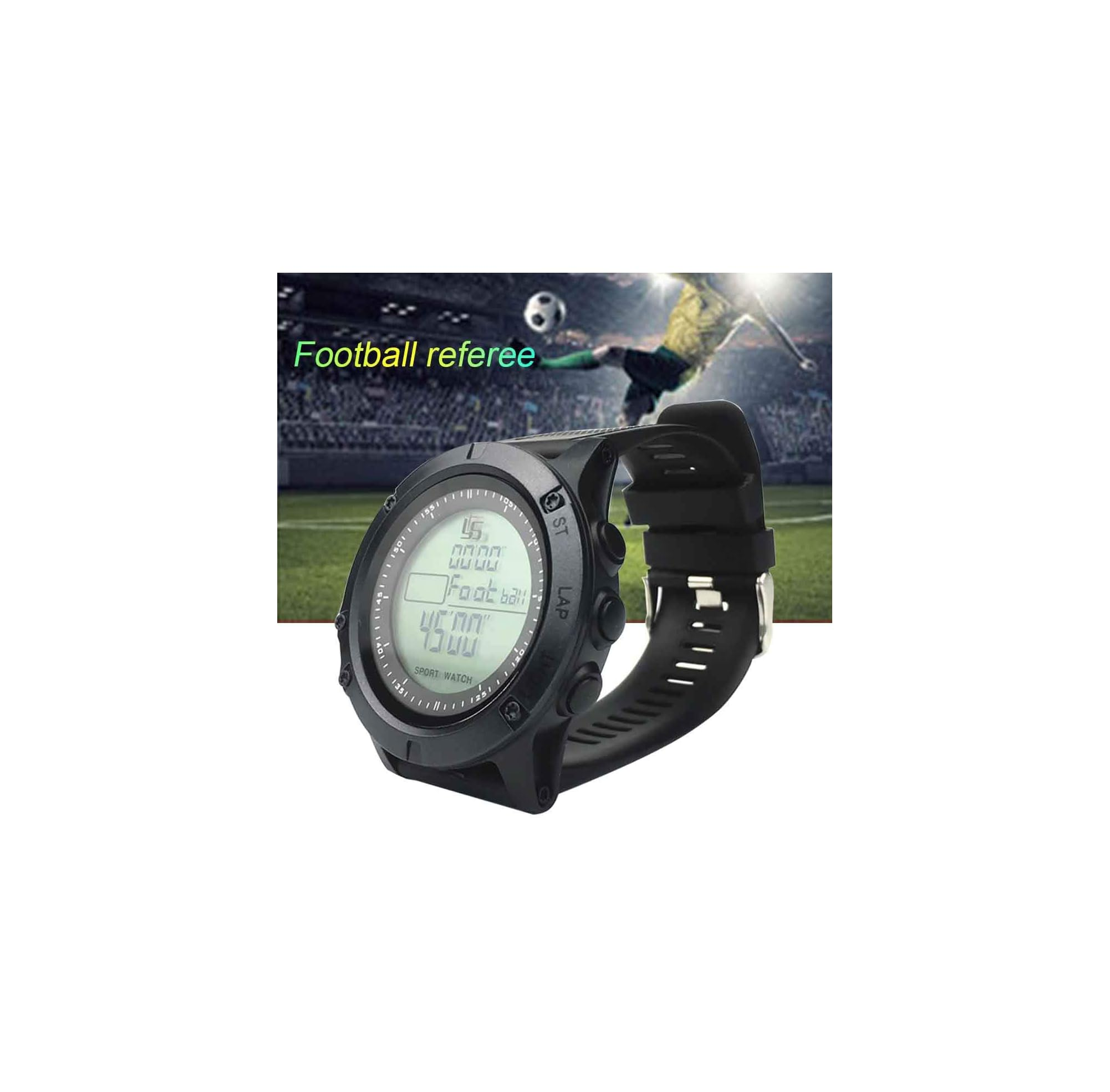 Schwarze digitale Sportuhr mit Fußballfeld und Spieler im Hintergrund.