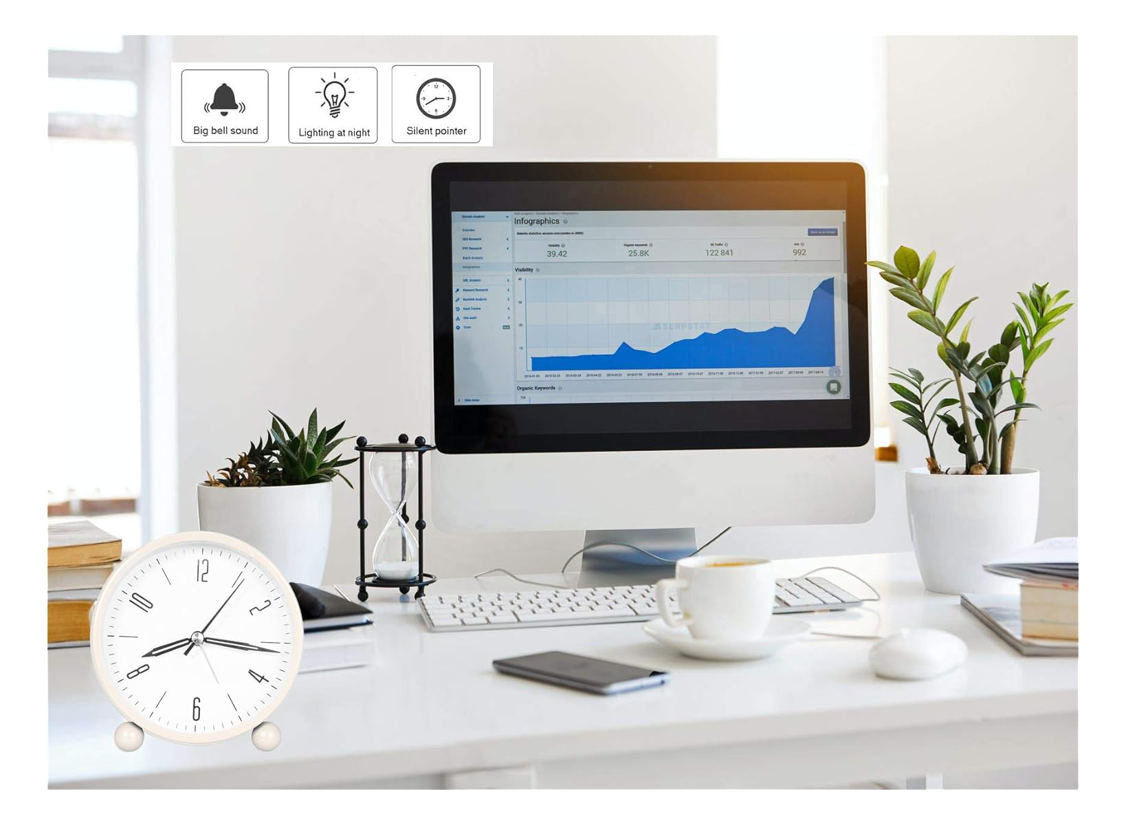 Ein Schreibtisch mit einem Computer, der eine Infografik anzeigt, einer Kaffeetasse und einem Wecker.