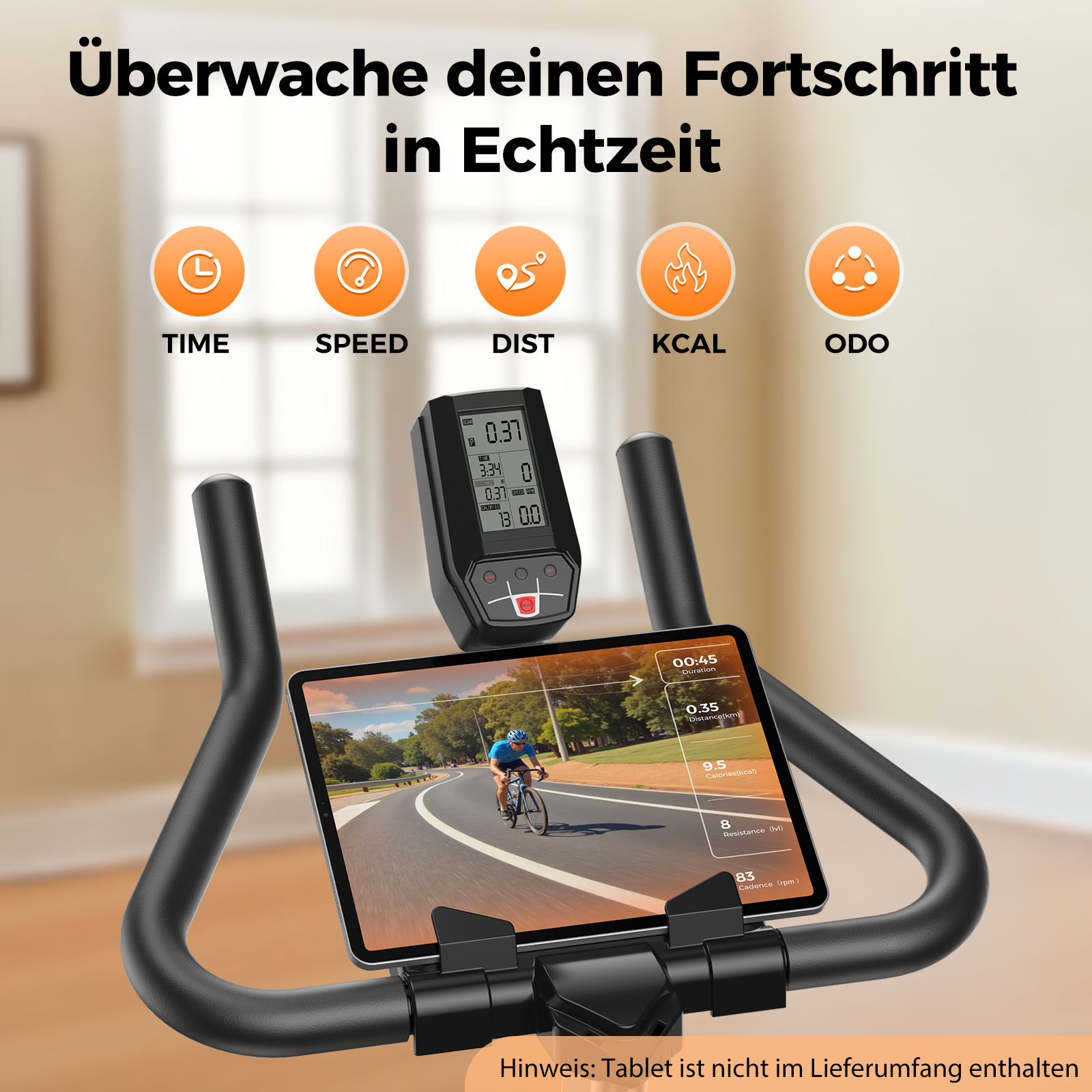 Fahrradkonsole zeigt Zeit, Geschwindigkeit, Distanz, kcal und ODO. Tablet zeigt Radfahrer.