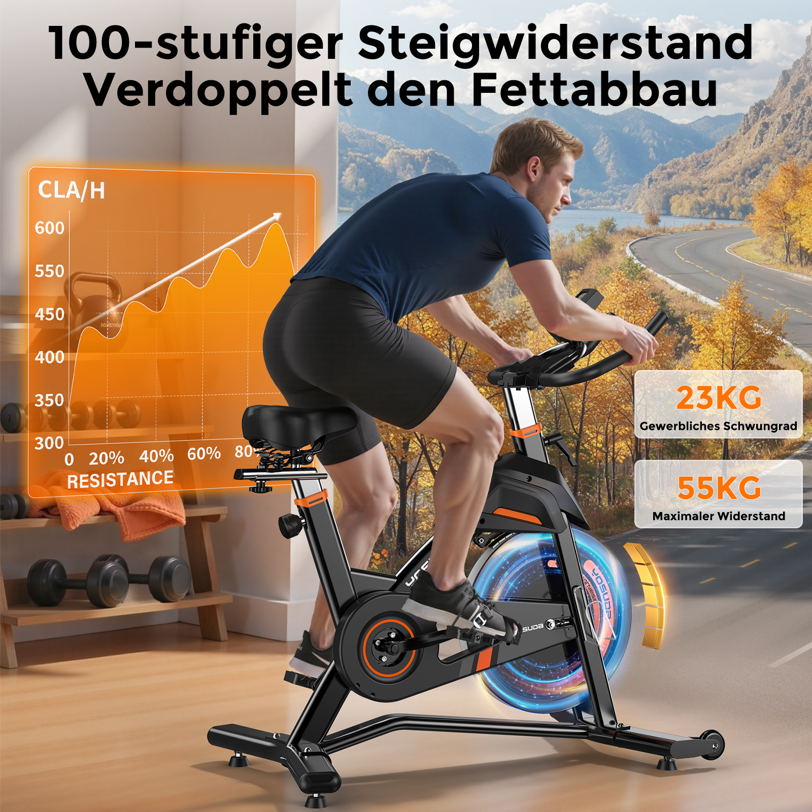 Ein Mann auf einem Heimtrainer vor einer Berglandschaft. Ein Diagramm zeigt Widerstand.