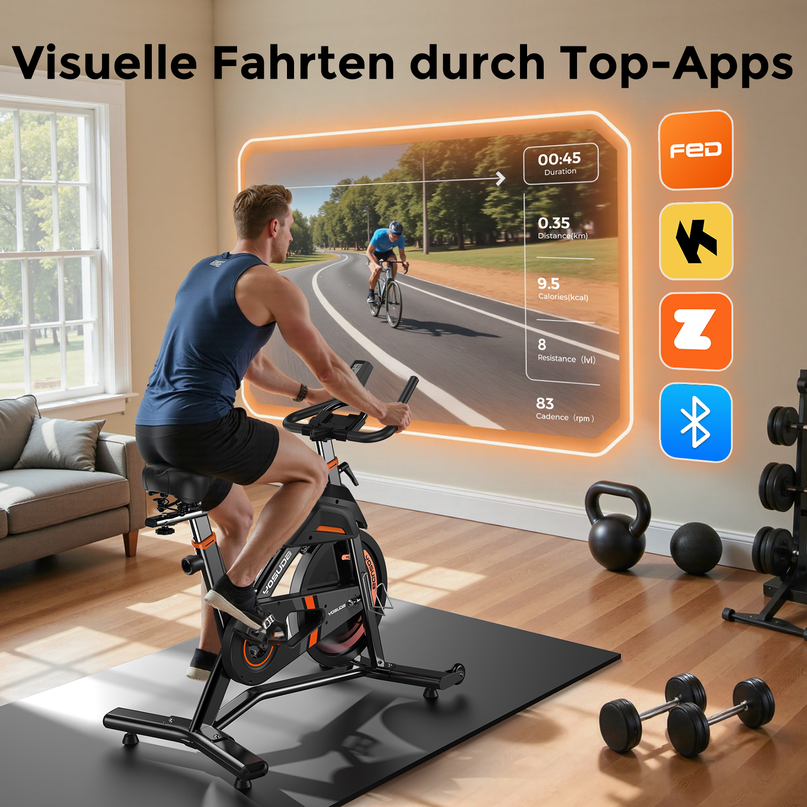 Ein Mann fährt auf einem Heimtrainer, während eine virtuelle Landschaft angezeigt wird.