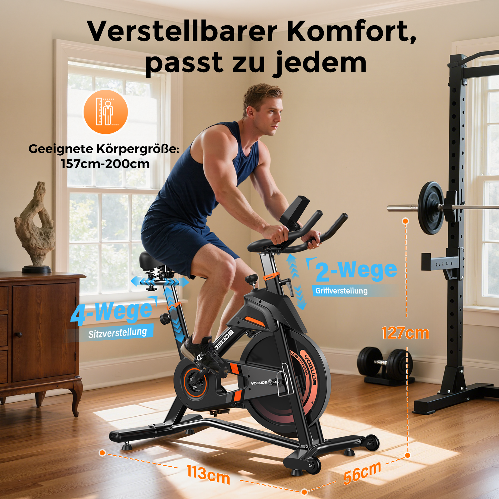 Ein Mann auf einem Heimtrainer. Maße und Verstellmöglichkeiten sind angegeben.