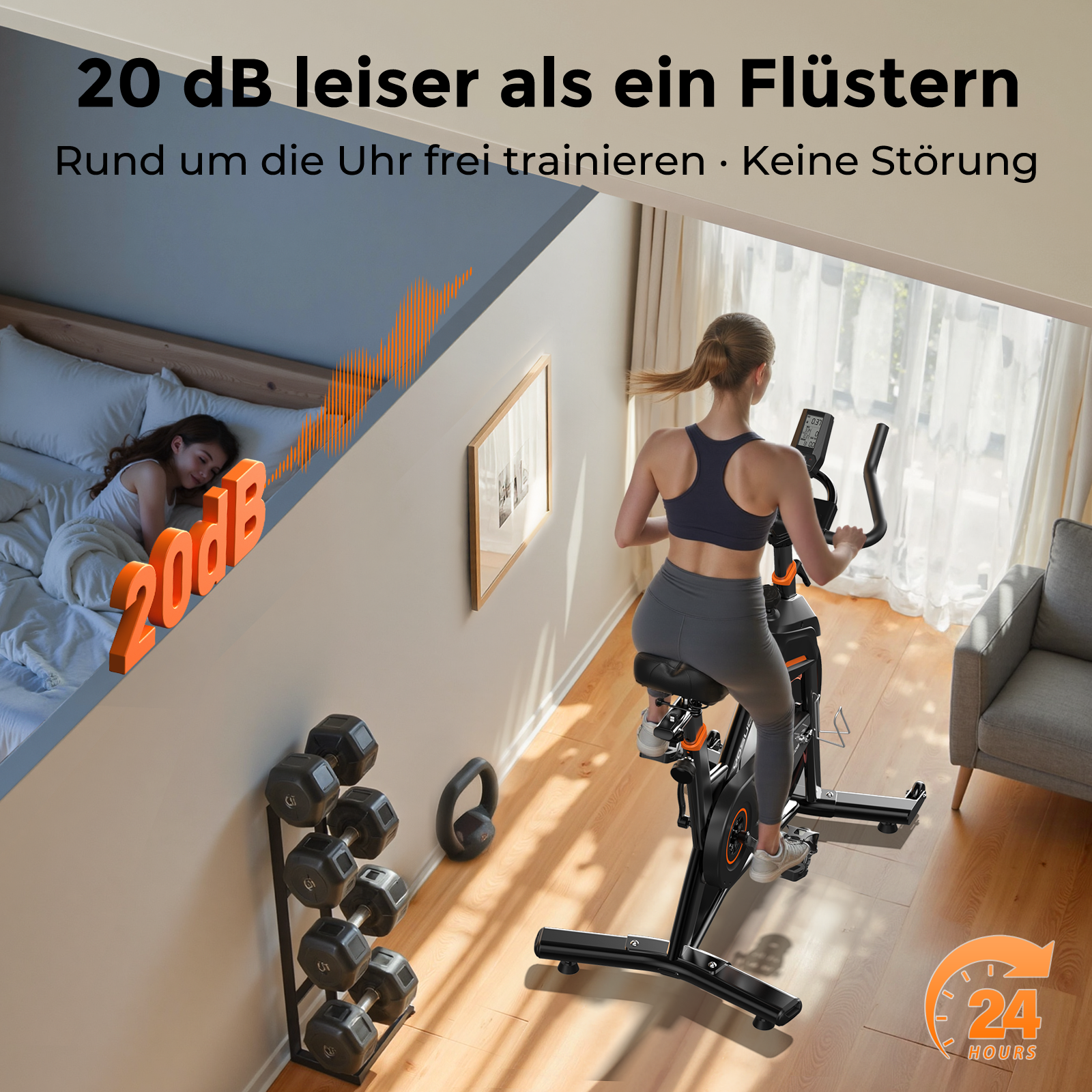 Frau auf Heimtrainer; geteilte Szene zeigt schlafende Person mit 20dB Schallwelle.