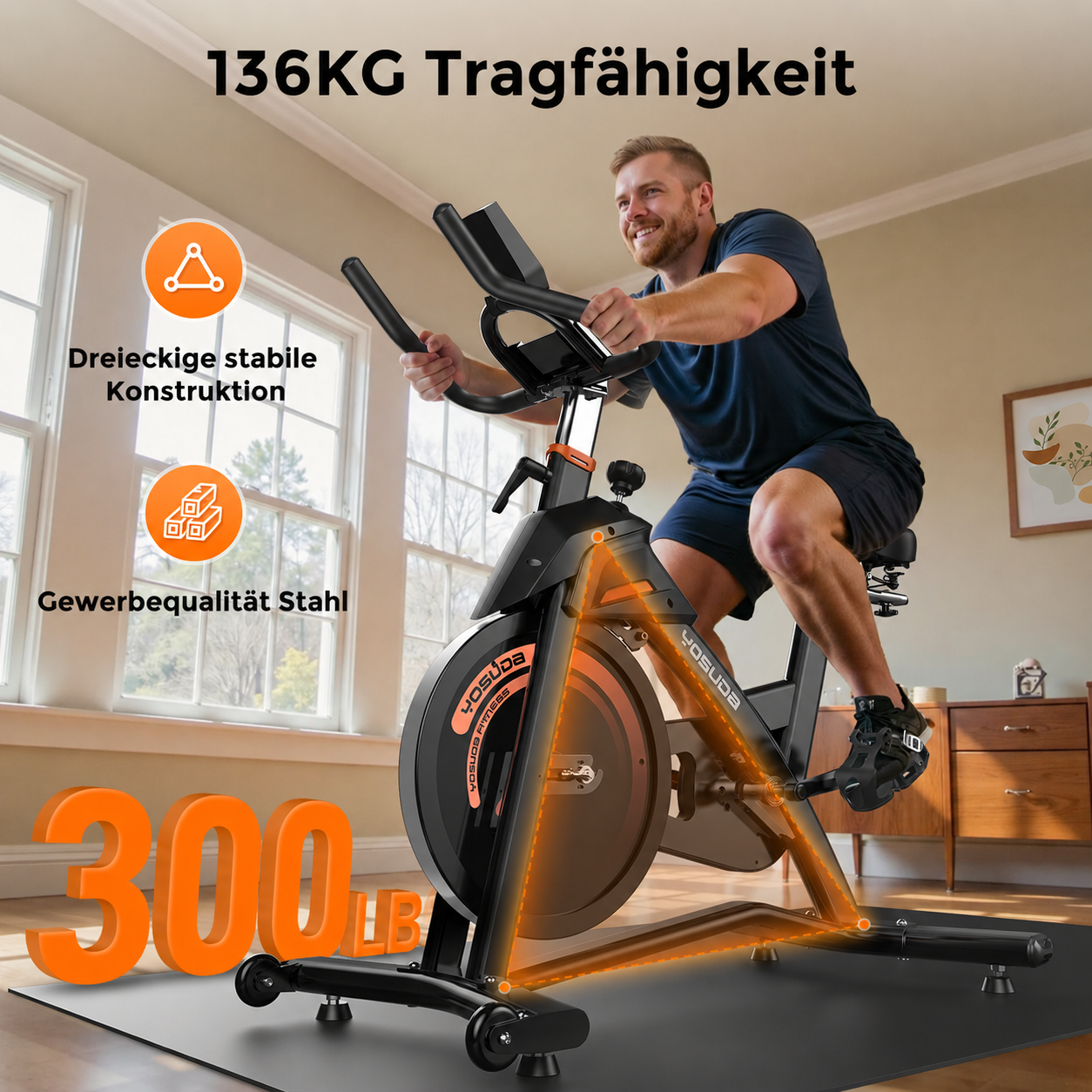 Mann auf Heimtrainer mit 136kg Tragfähigkeit, dreieckige Konstruktion.