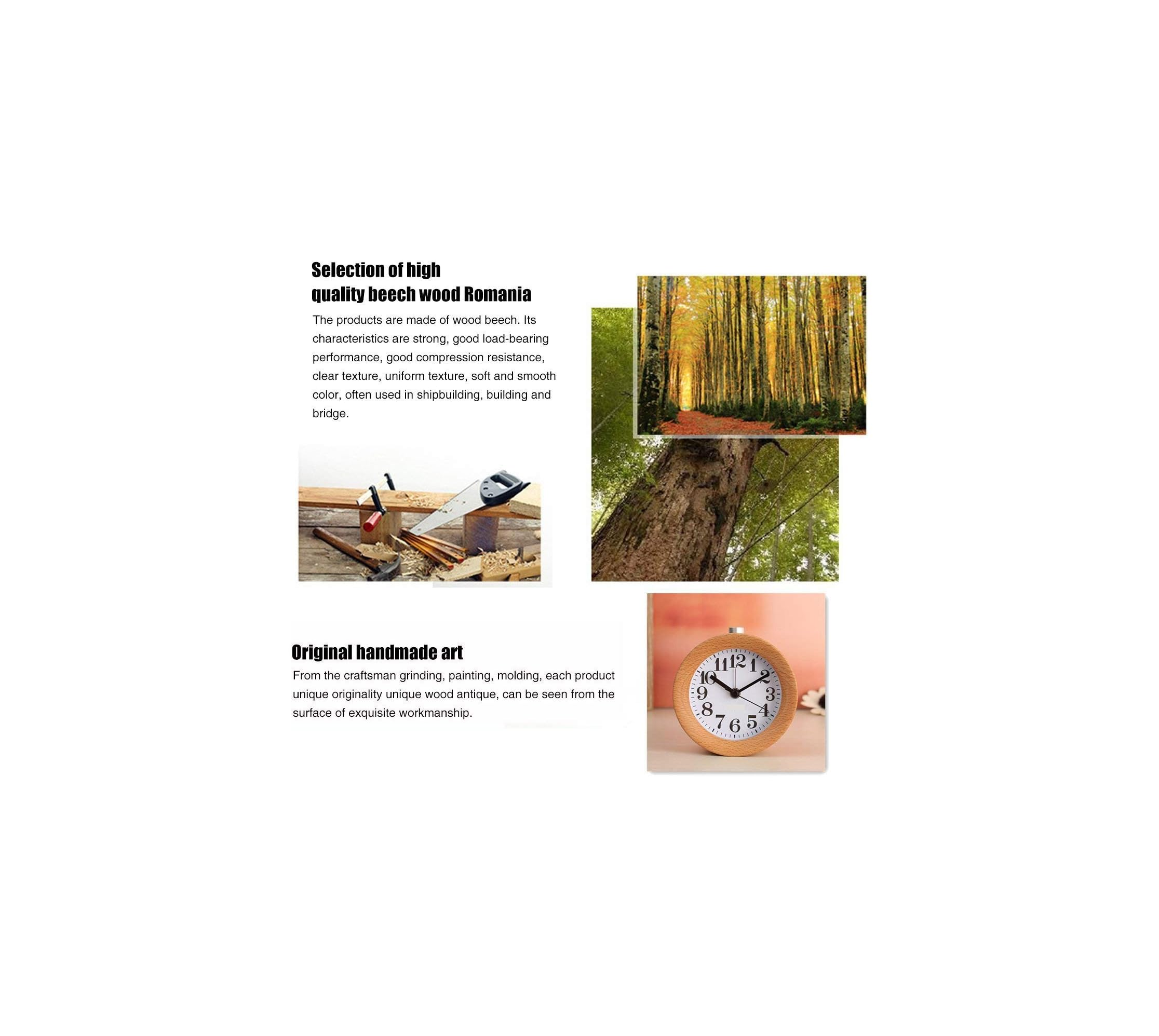 Holzbearbeitungswerkzeuge, ein Baumstamm und ein Wecker.