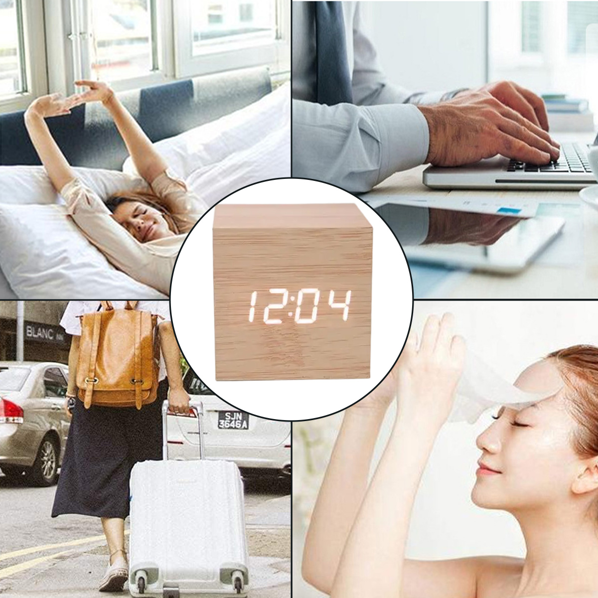 Collage: Frau streckt sich im Bett, Mann tippt auf Laptop, Holzuhr zeigt 12:04, Frau reist mit Koffer, Frau trägt Gesichtsmaske.