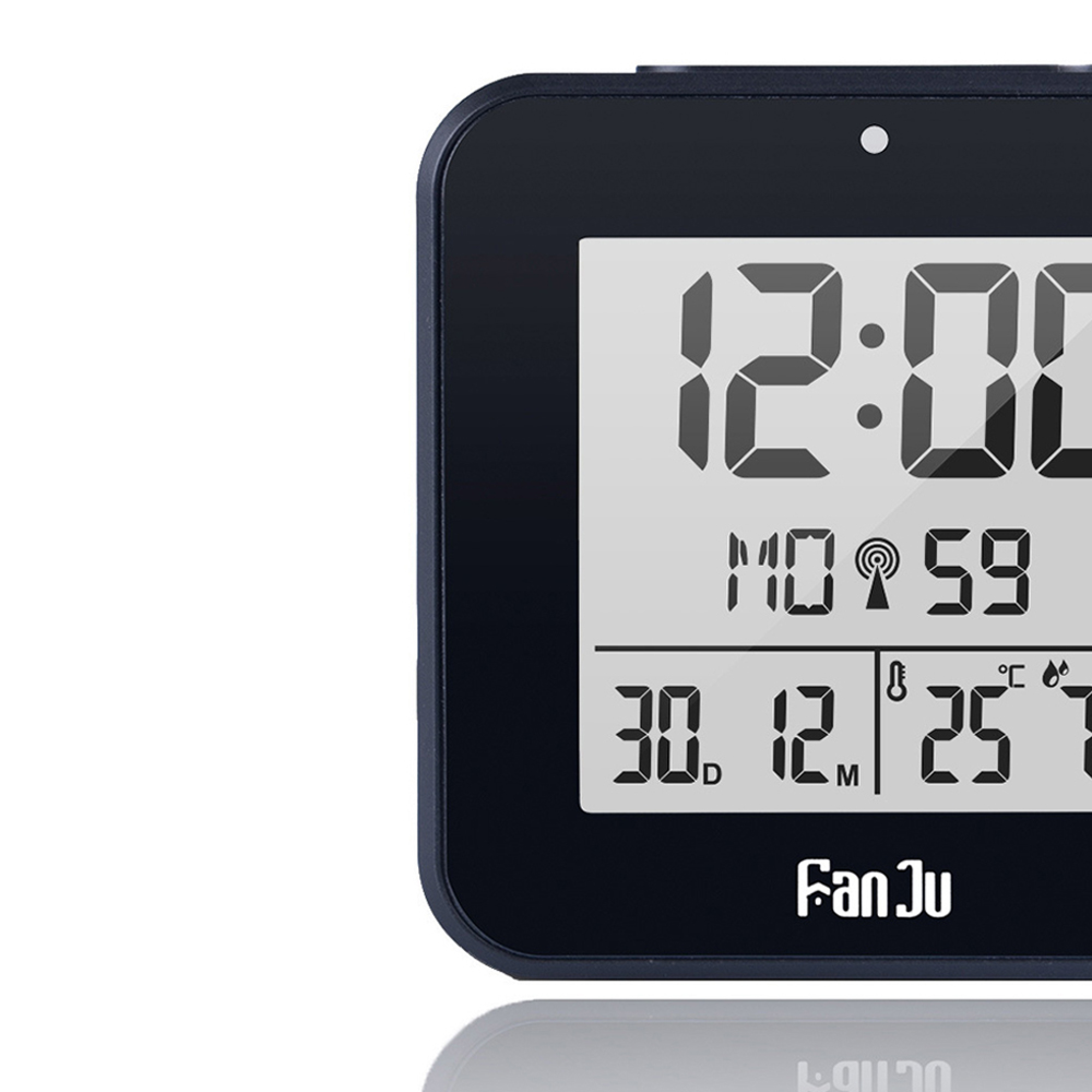 Ein schwarzer digitaler Wecker zeigt 12:00, Mo 59, 30 D, 12 M, 25 C an.