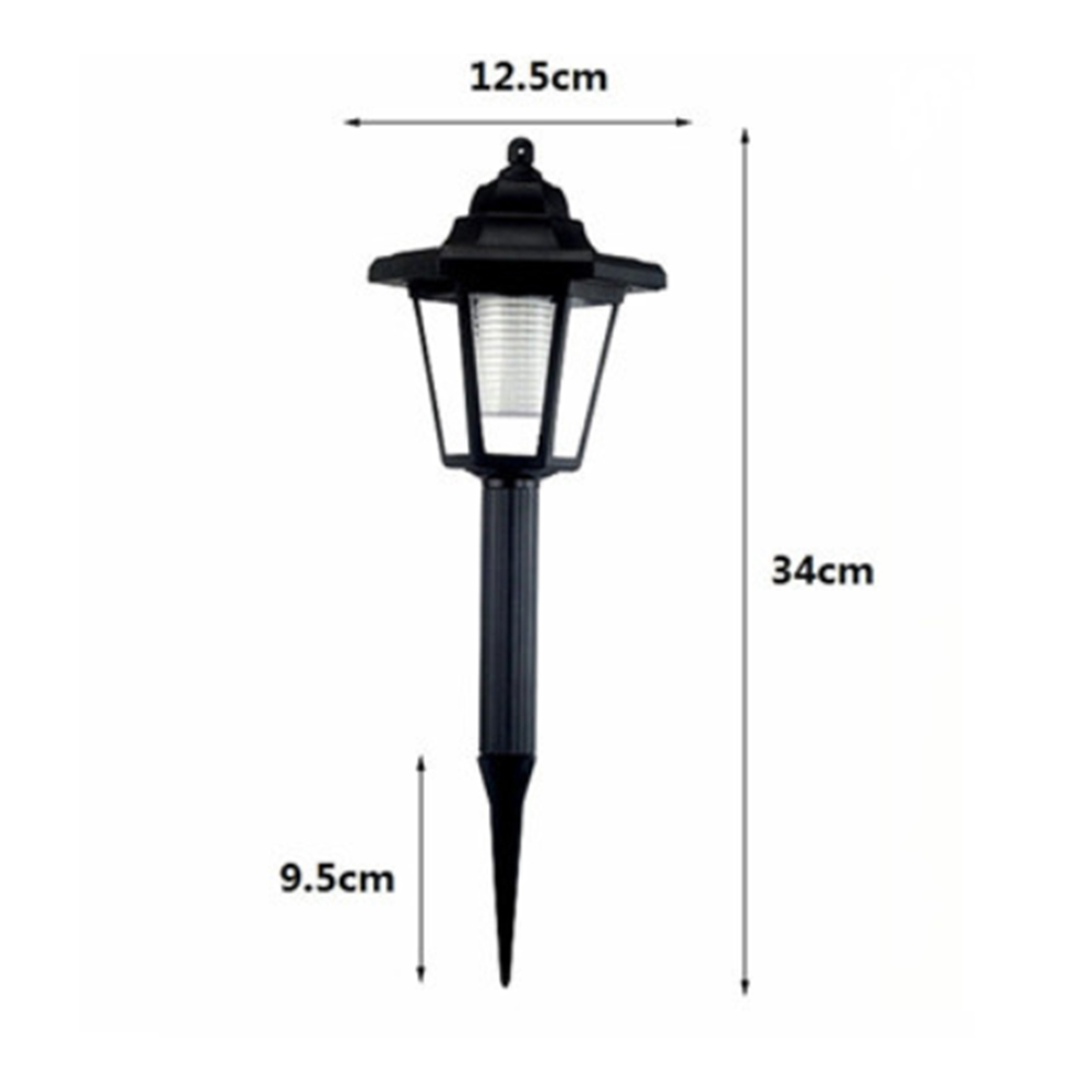 Schwarze Solarleuchte mit 12,5 cm Breite und 34 cm Höhe.