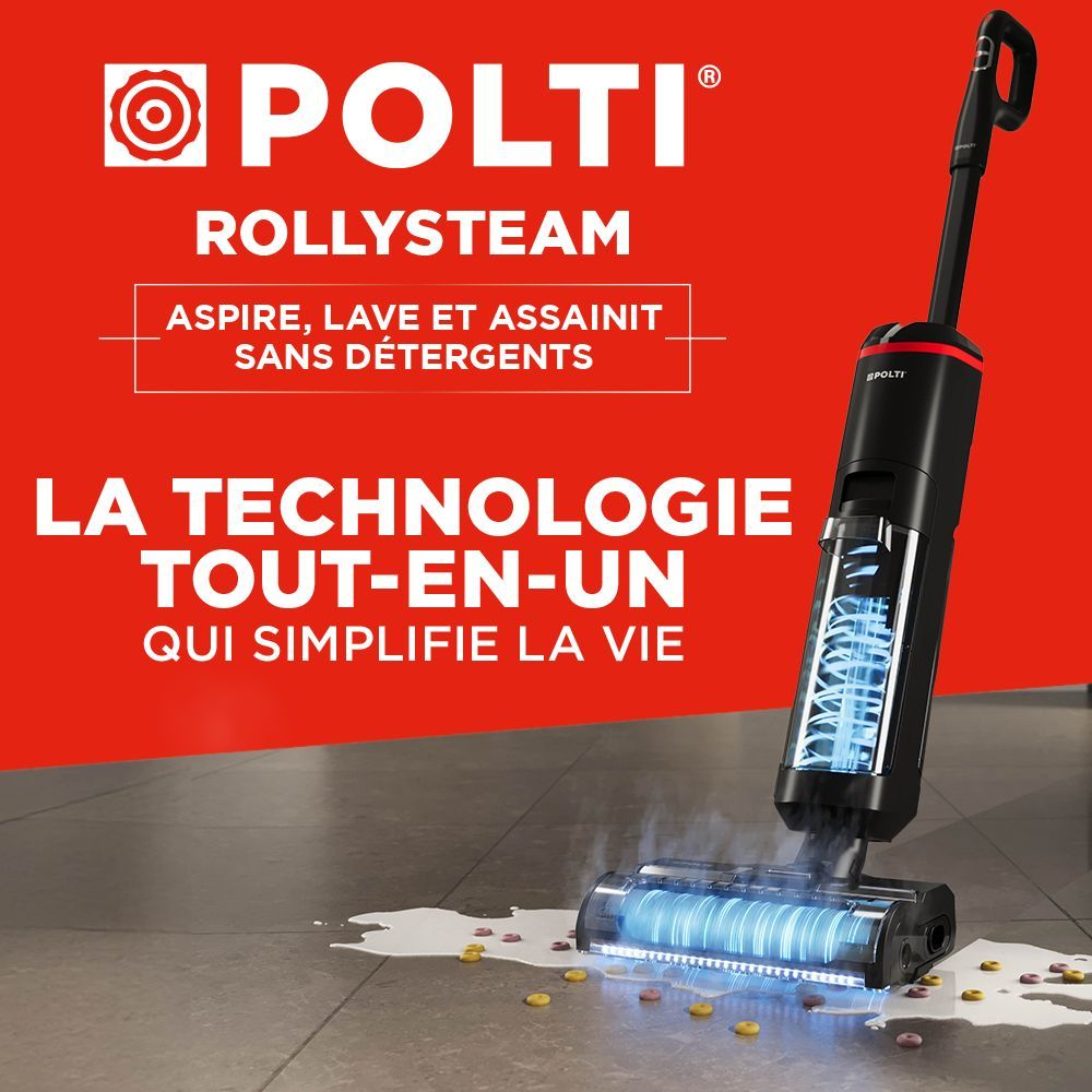 Un pulitore a vapore Polti Rollysteam aspira, lava e igienizza. Dichiarazione pubblicitaria.