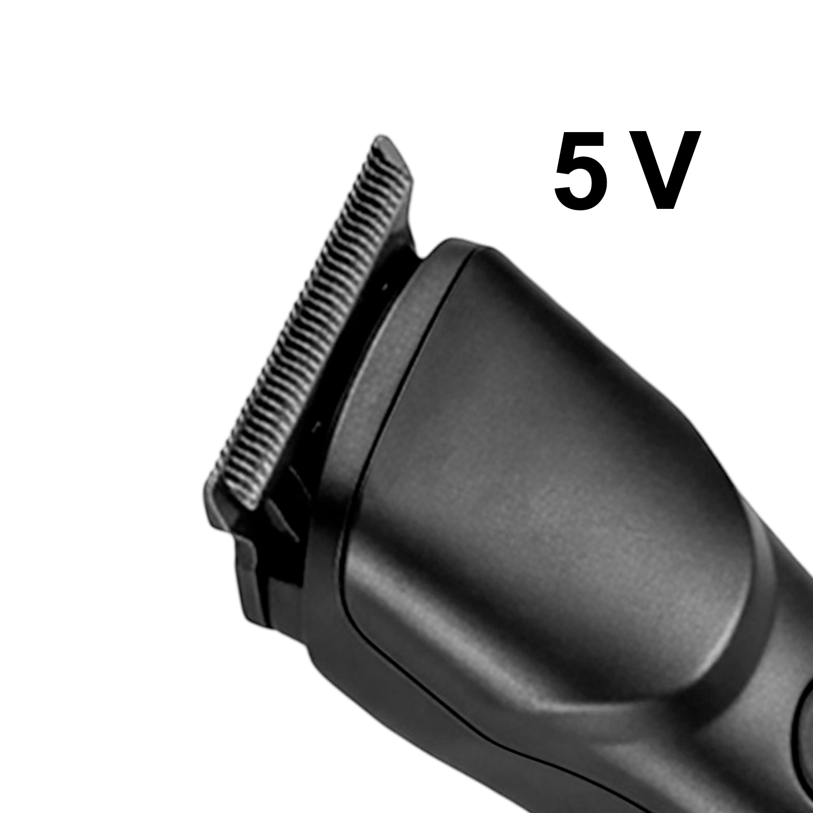 Nahaufnahme eines schwarzen Trimmers mit einer Klinge und der Aufschrift 5 V.