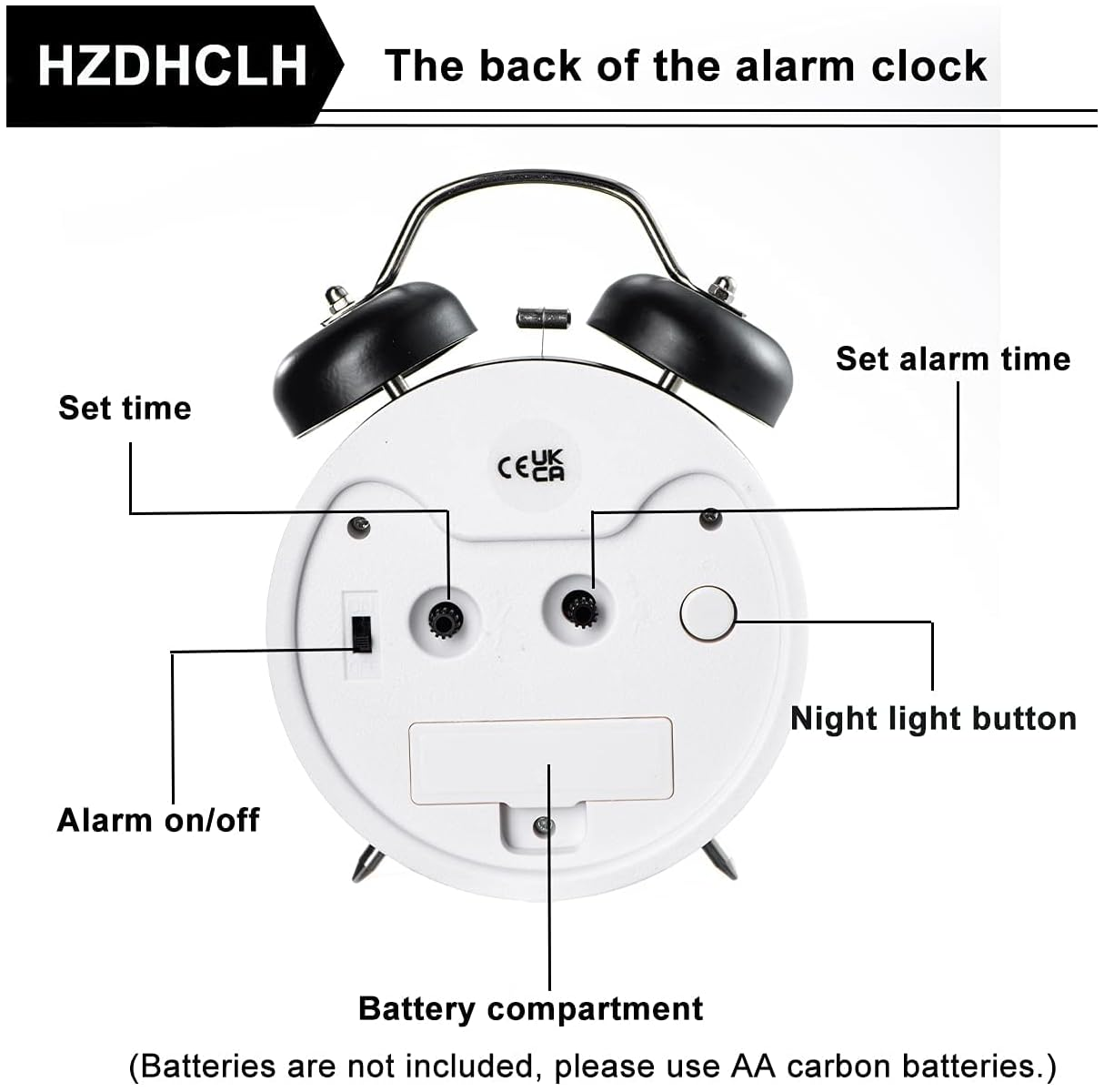 Rückseite einer weißen Weckuhr mit zwei Glocken und beschrifteten Bedienelementen für Zeit und Alarm.