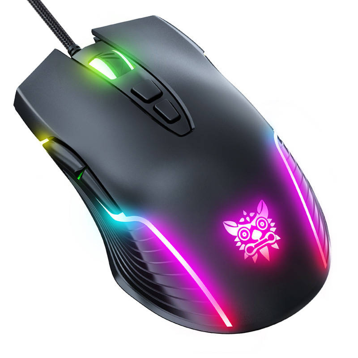Eine schwarze Gaming-Maus mit RGB-Beleuchtung und einem stilisierten Tierkopf-Logo.