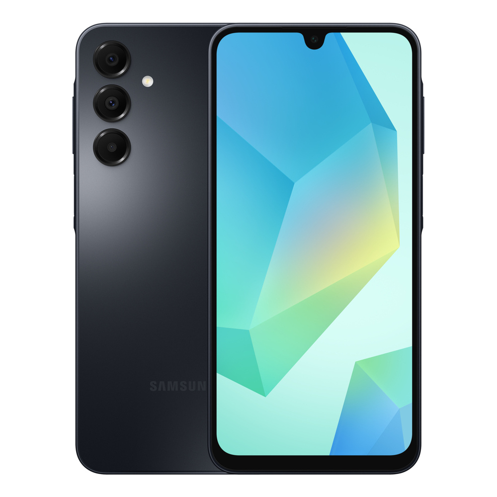 Smartphone grigio scuro con tre fotocamere posteriori e display colorato.