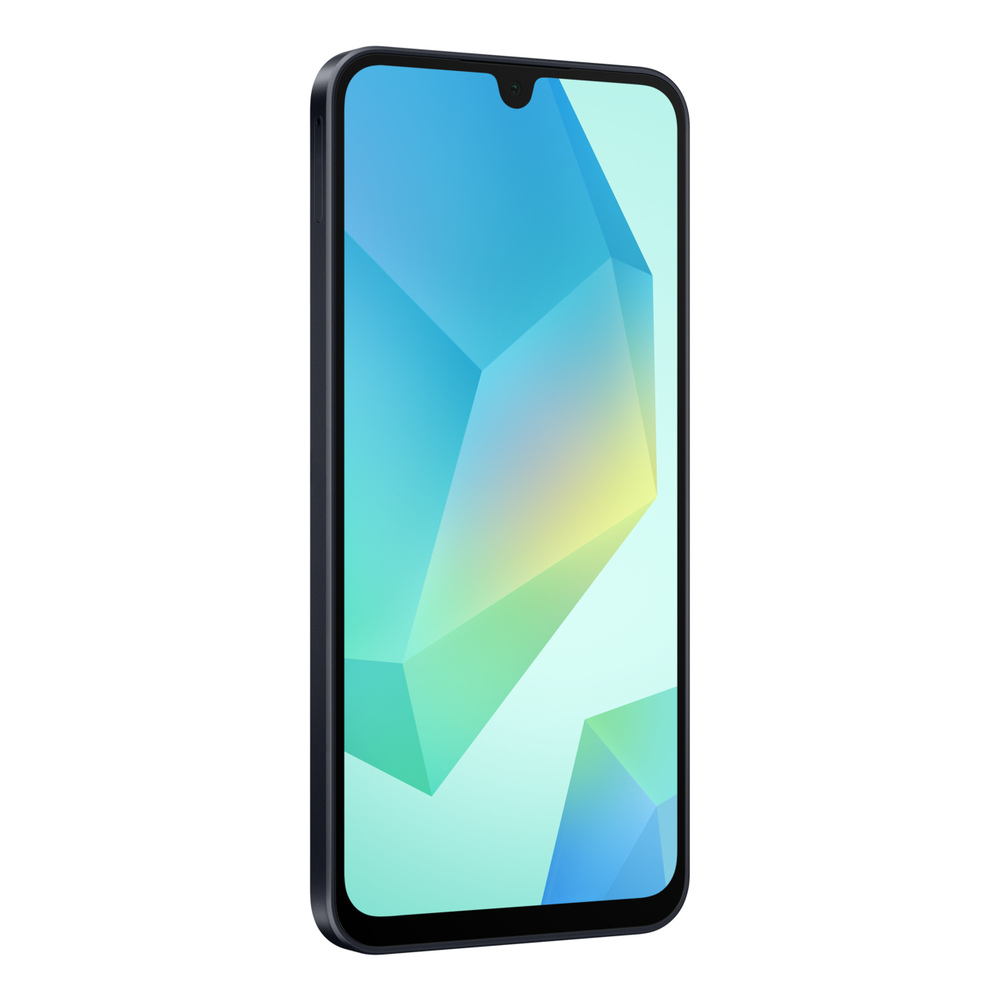 Uno smartphone nero con uno sfondo geometrico colorato.