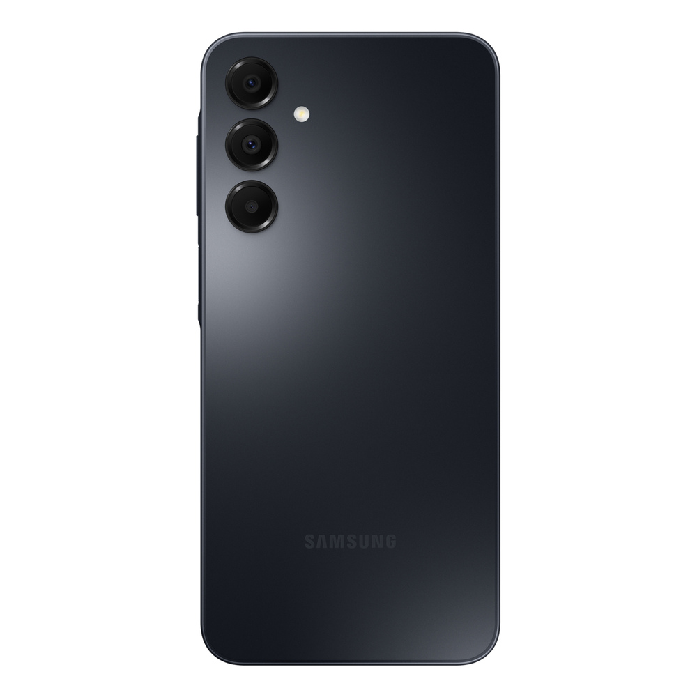 Smartphone grigio scuro con tre fotocamere e flash sul retro.