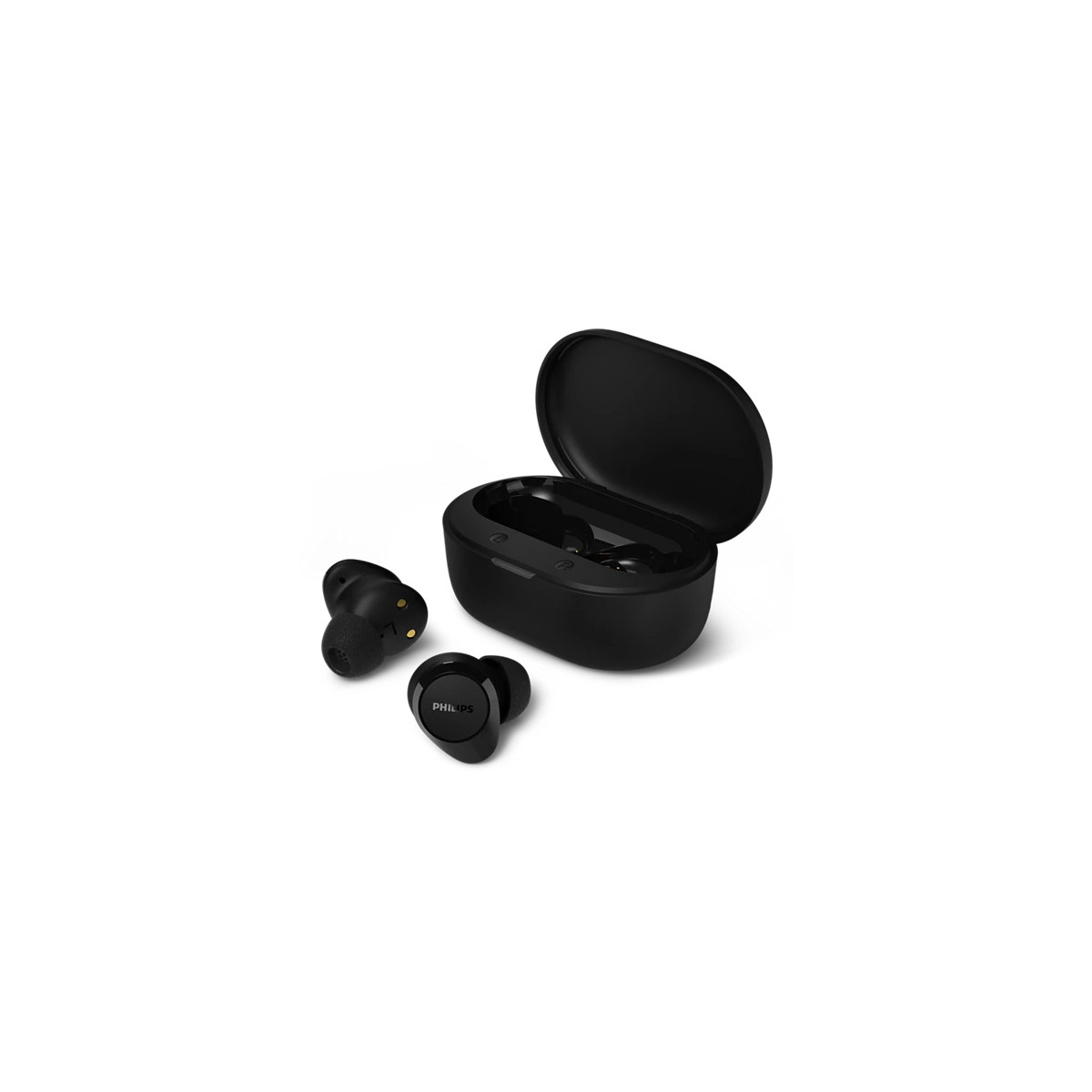 Auricolari wireless Philips neri con custodia di ricarica. Un auricolare nella custodia, due fuori.