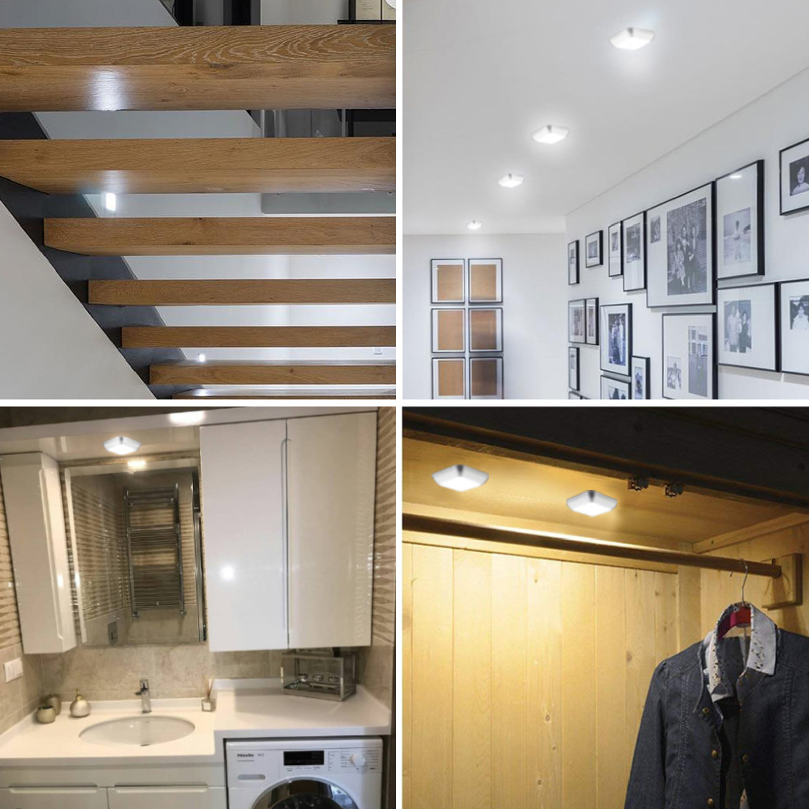 Moderne Holztreppe mit seitlicher Wand und Lichtern.